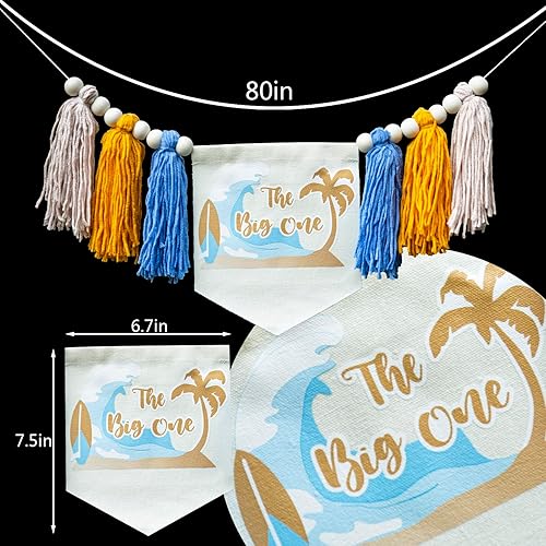 Miniatura 2 de Lintran The Big One - Cartel de cumpleaños de surf, azul, guirnalda de primera silla de bebé, 80.0 x 7.5 pulgadas, unisex