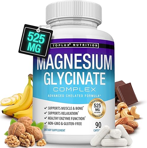 Glicinato de magnesio 525 mg – Suplemento de magnesio quelado de alta absorción hecho con glicinato de magnesio puro – Apoya los músculos, sueño,