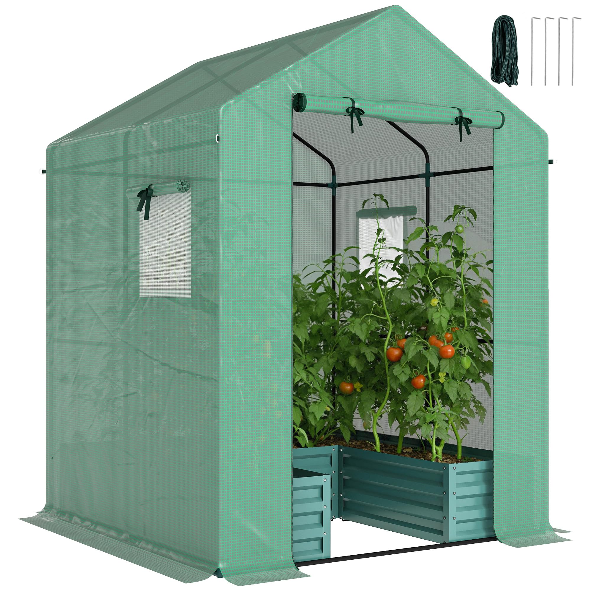 Outsunny Small Greenhouse with Raised Garden Bed, Galvanised Walk-in Growing House with Roll Up Door and Windows, Outdoor Growing House for Flowers Vegetables, 141 x 141 x 190 cm,