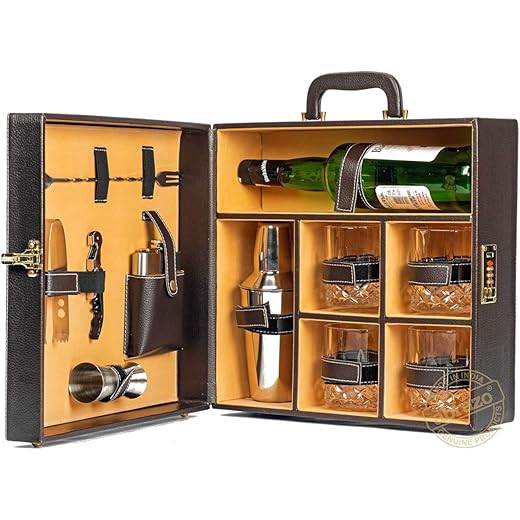 Abrazo Faux Leather Portable Bar Set | Portable Bar Set | Bar Tool Set | Bartender Kit | Brown 4 Glass | Cocktail Shaker | Barset for Picnic | Gifting | Gifting for Men