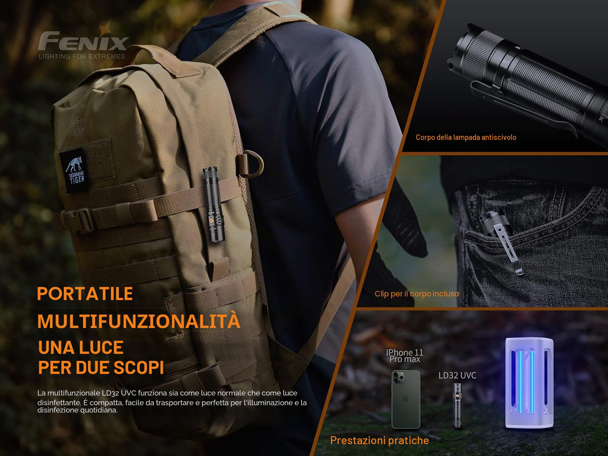 FENIX Torcia LD32 UVC (luce bianca e LED disinfettanti UVC)
