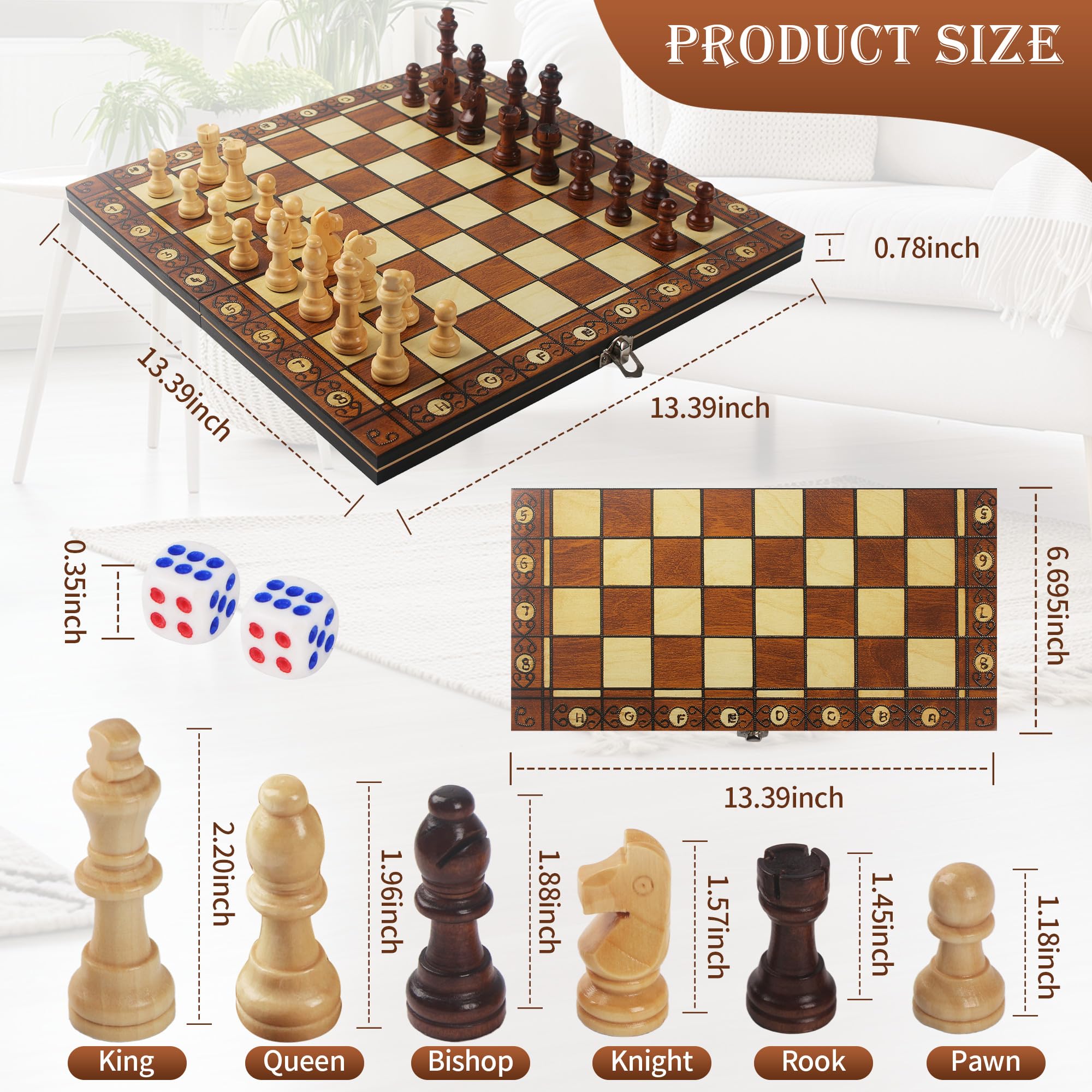 Scacchiera in Legno, 3 in 1, 34x34cm Scacchiera Magnetica Portatile, Gioco da Tavola per Bambini e Adulti