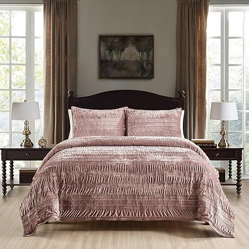 Miniatura 6 de Fredsure Juego de edredón de terciopelo envejecido, 3 piezas de color malva polvoriento, cara de terciopelo envejecido y reverso de microfibra