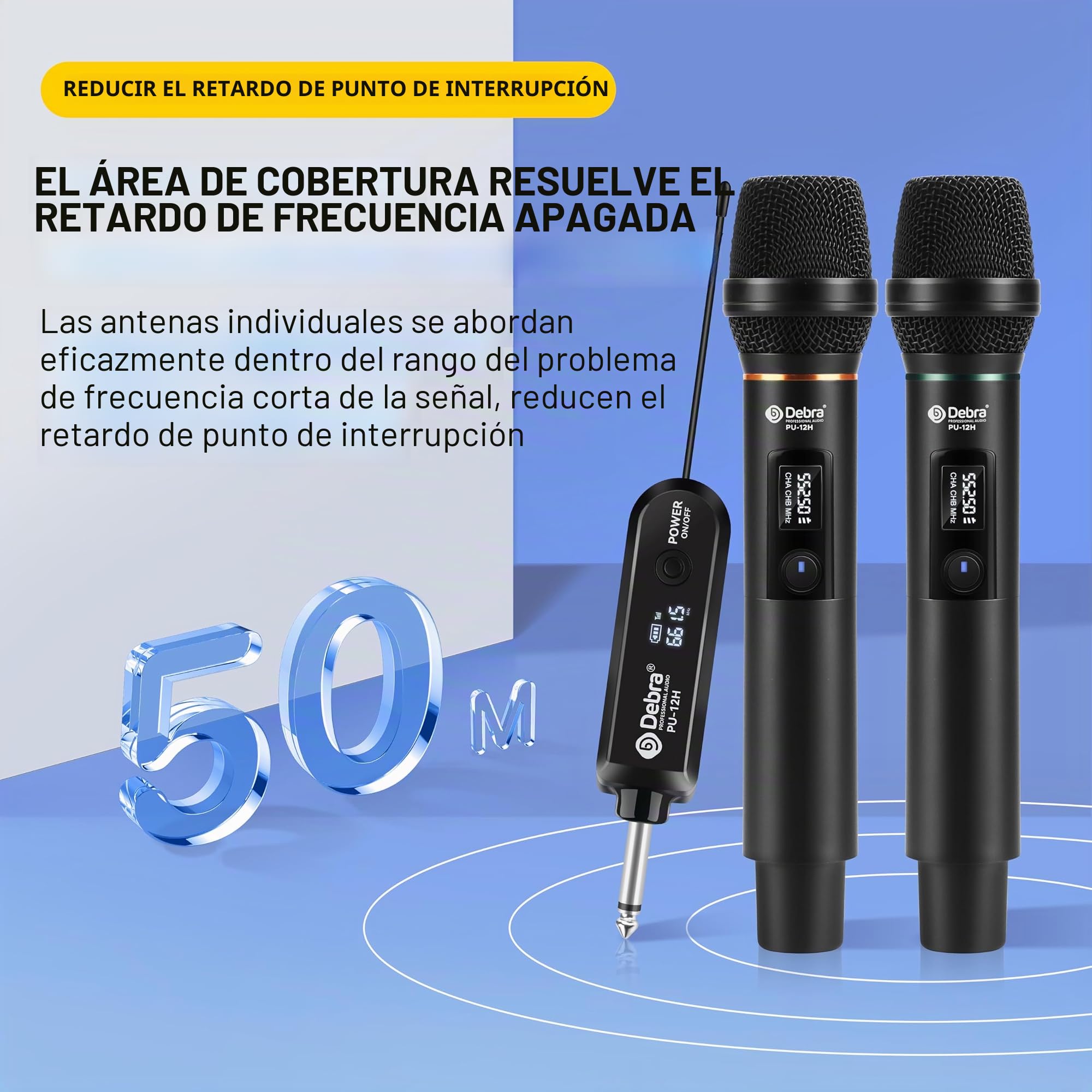 D Debra Microfono Inalambrico,Sistema de micrófono dinámico inalámbrico Dual UHF,Micrófono de Mano de Metal para Karaoke con Receptor de Canto Recargable,Micrófono para Karaoke,Iglesia
