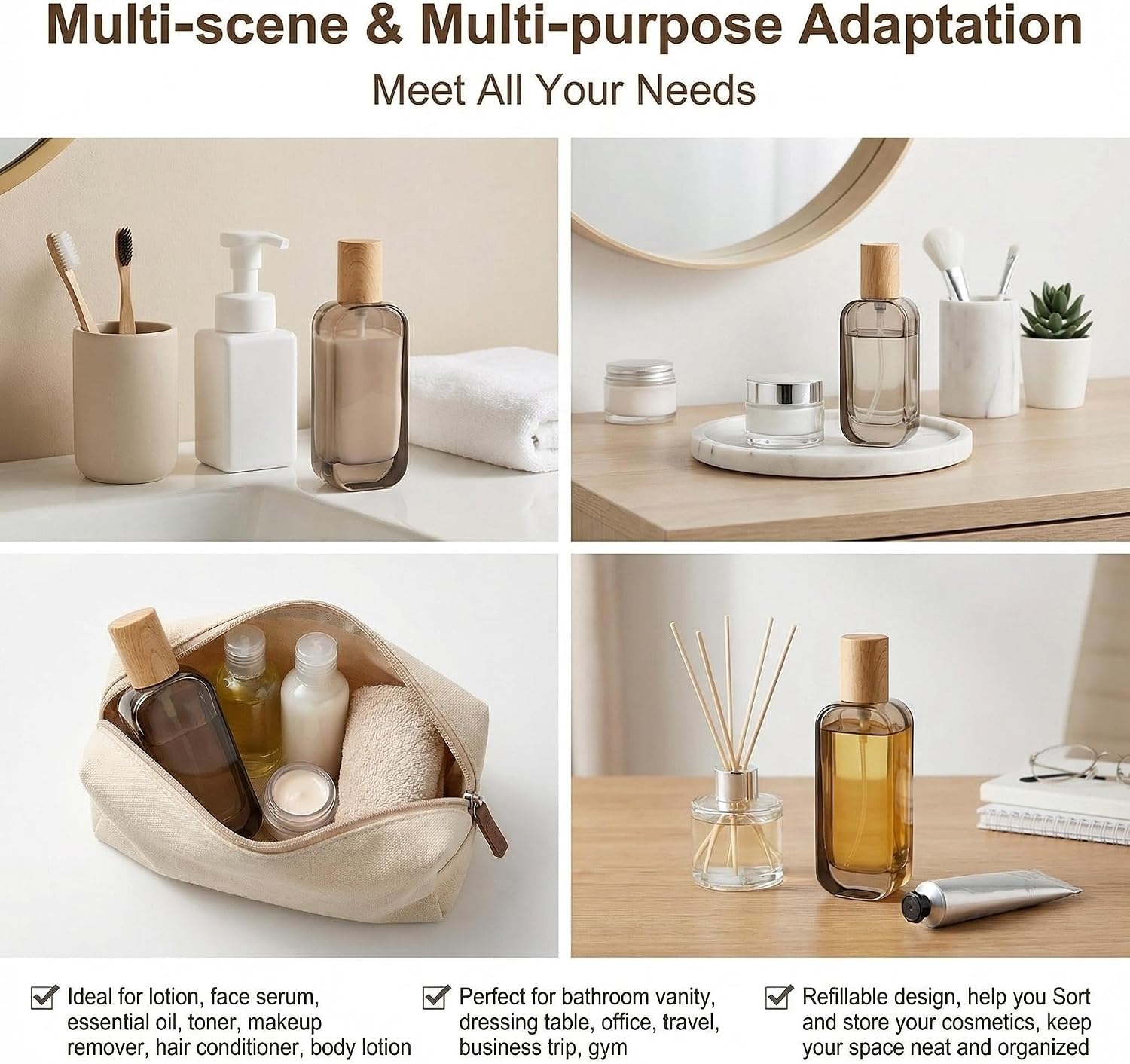 2PCS 30ml Amber Glass Lotion Pump Bottles with Wood Cap, Refillable Cosmetic Dispensers, Leak-Proof Travel Pump Bottles