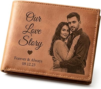 Personalized Wallet for Men Engraved with Photo Custom Leather Picture Wallet Gifts for Husband or Boyfriend from Wife or Girlfriend Customized Fathers Day, Anniversary, Birthday Gift for Him