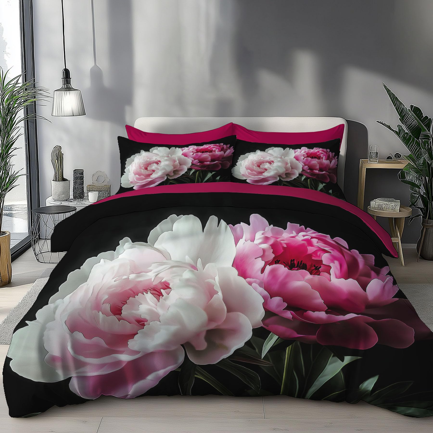 Housse de Couette 200x200 Pivoine Rose Parure Lit 2 Personnes