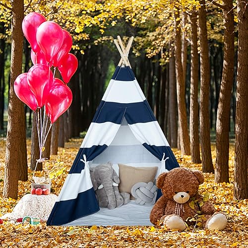 Vista 19 de Tienda de campaña tipi para niños para interiores y exteriores, tienda de campaña tipi de lona, tipi de rayas grises Tipi de rayas grises,Azul
