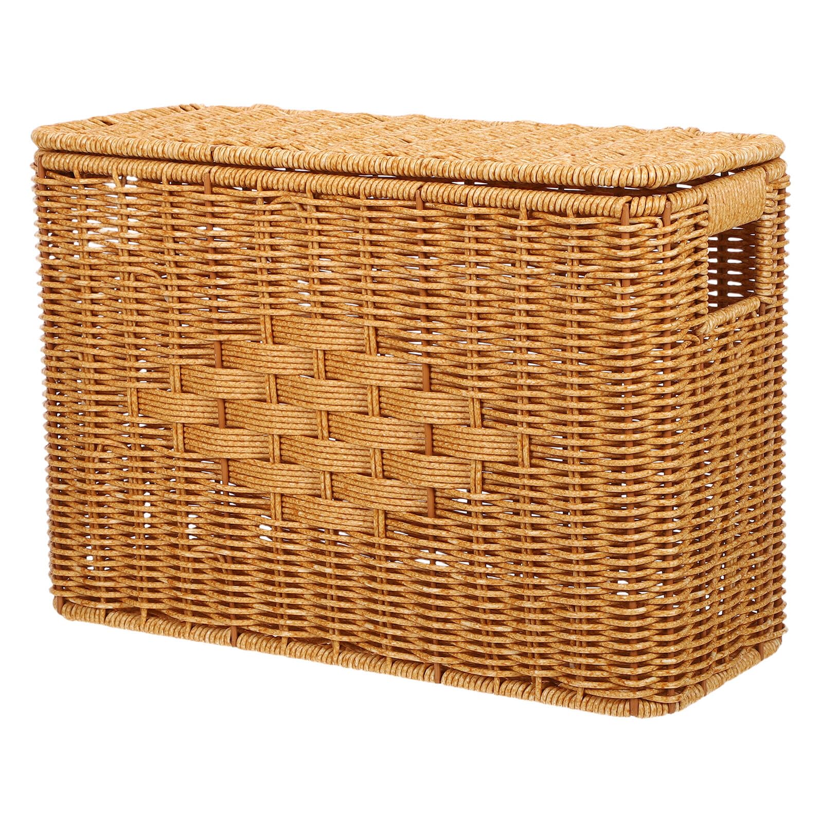 Rechteckiger Handgewebter Aufbewahrungskorb mit Deckel Schmaler Rattanimitat Korb 37,8X26,4X14,9cm für Küche Bad und Kleiderschrank