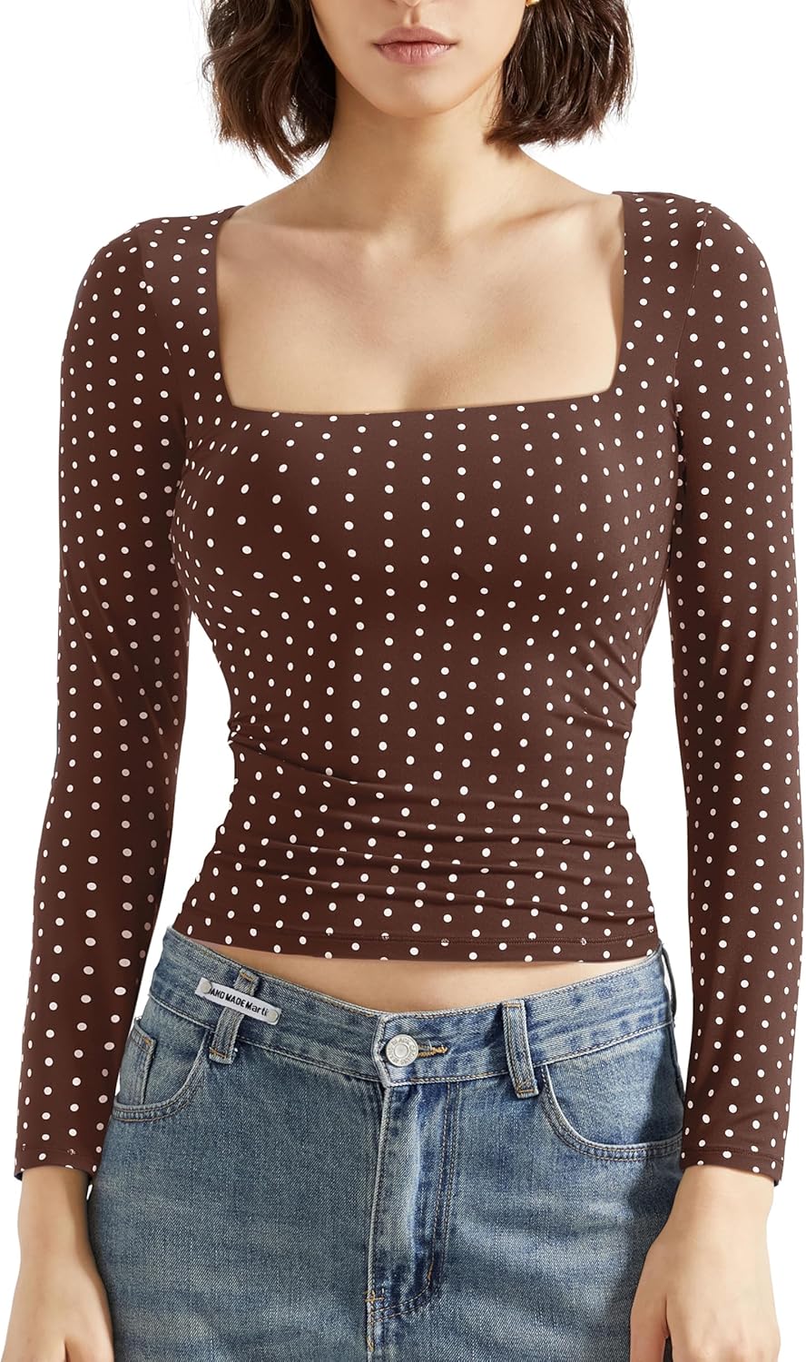 SUUKSESS Women Square Neck Long Sleeve Tops Double Lined Going Out T Shirts