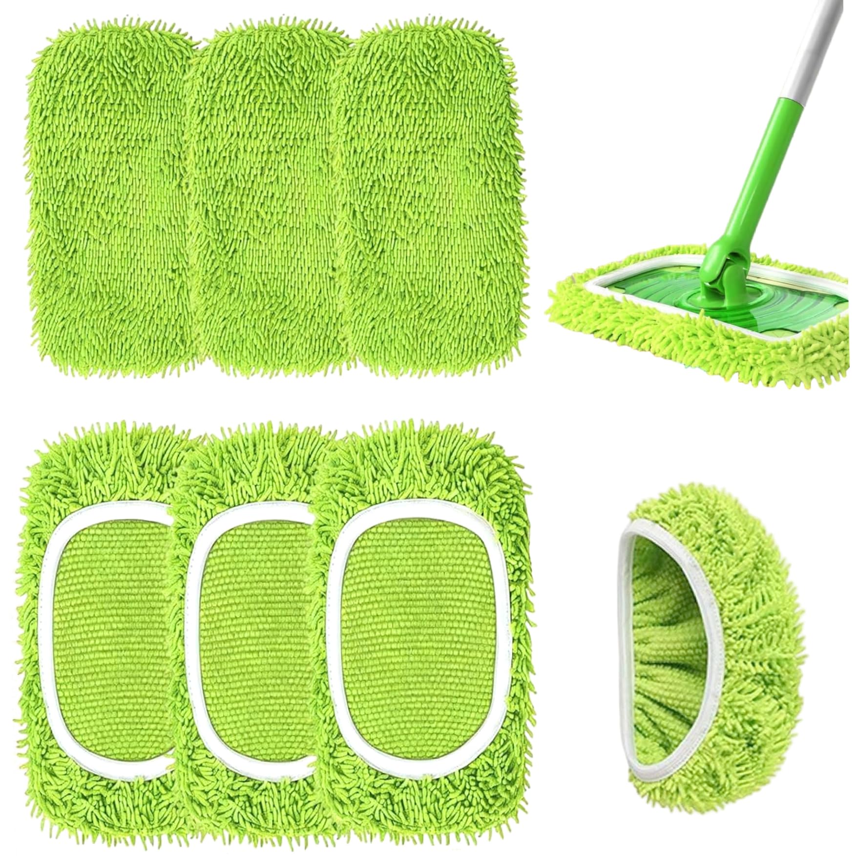 Monwssoe Flat Mops, Chenille Mop Refill Pads, 6PCS Reusable Microfiber Mop Pads for Sweeper, Super Absorbent Washable Cloths for Wet and Dry Floor Cleaning (Green)