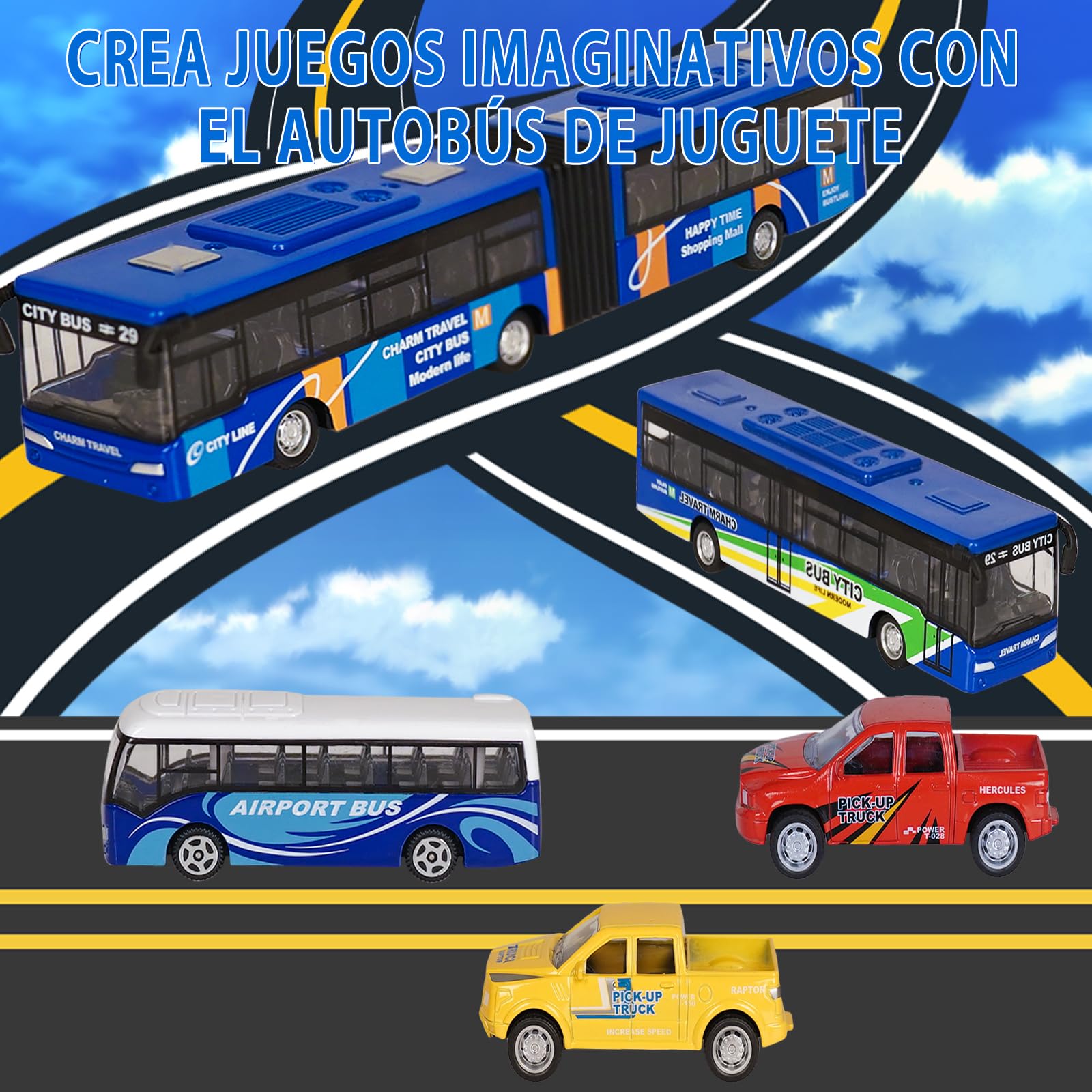 VBACALA Juego de 5 Autobuses de Juguete con Función Pull Back,Incluye Autobús Urbano, Aeropuerto, Articulado y 2 Camionetas,Juguetes para Niños +3 Años, Regalo Ideal para Navidad y Cumpleaños