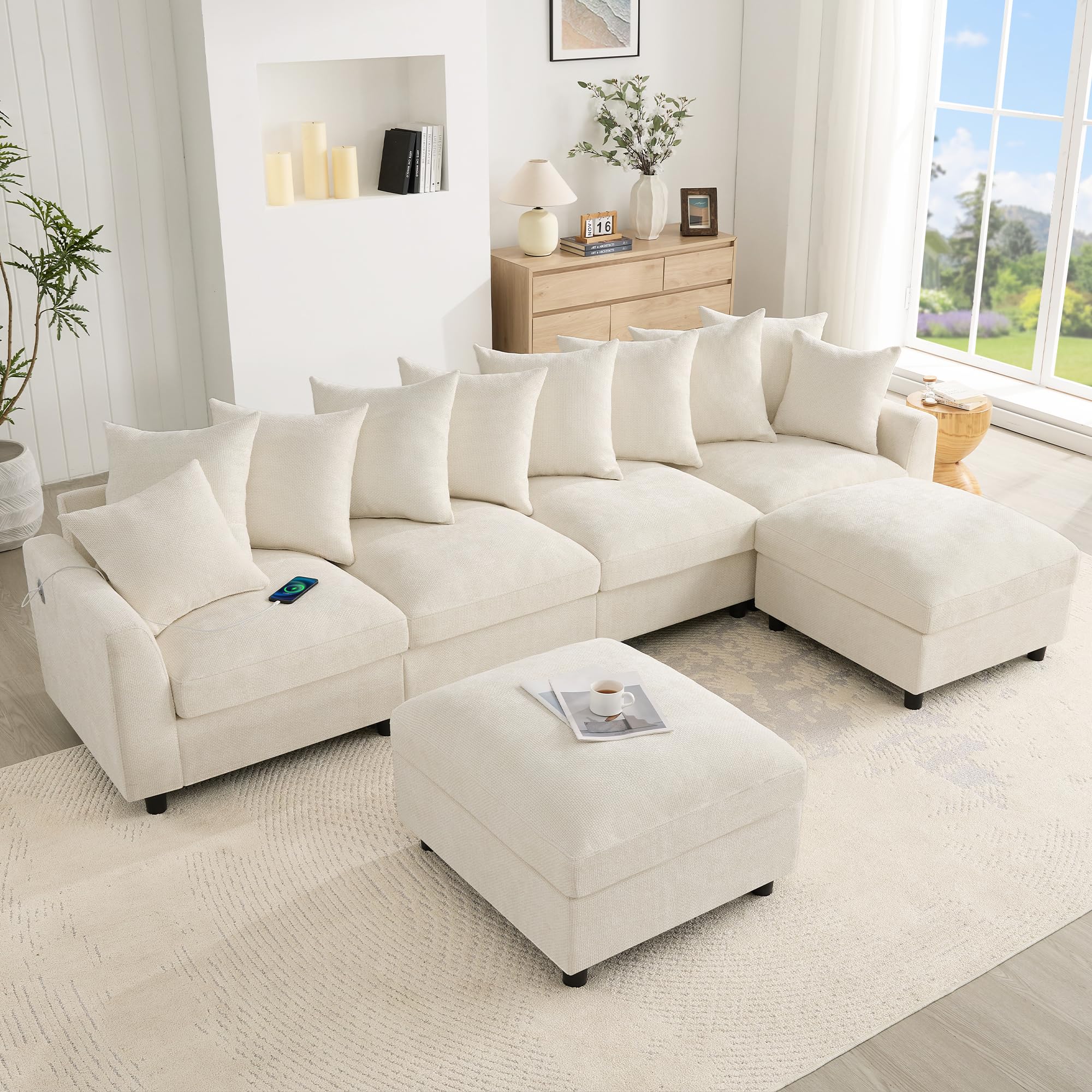 Divano angolare modulare a forma di U e L, 6 posti, beige