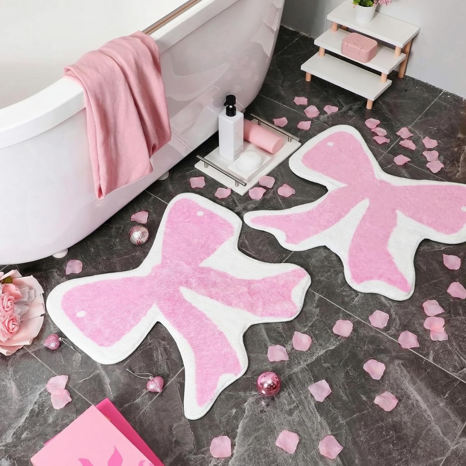 Duraaamo 2 Pcs Coquette Bow Rugs Cute Pink Bow Shaped Bath Rugs 24 x 24 Inch Coquette Room Decor Aesthetic Bath Mats Non Slip Absorbent Area Mats for