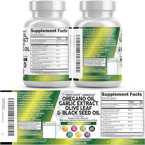 Miniatura 8 de Clean Nutraceuticals Aceite de orégano 6000 mg de extracto de ajo 4000 mg de hoja de olivo 3000 mg de aceite de semilla negra 3000 mg - Suplemento