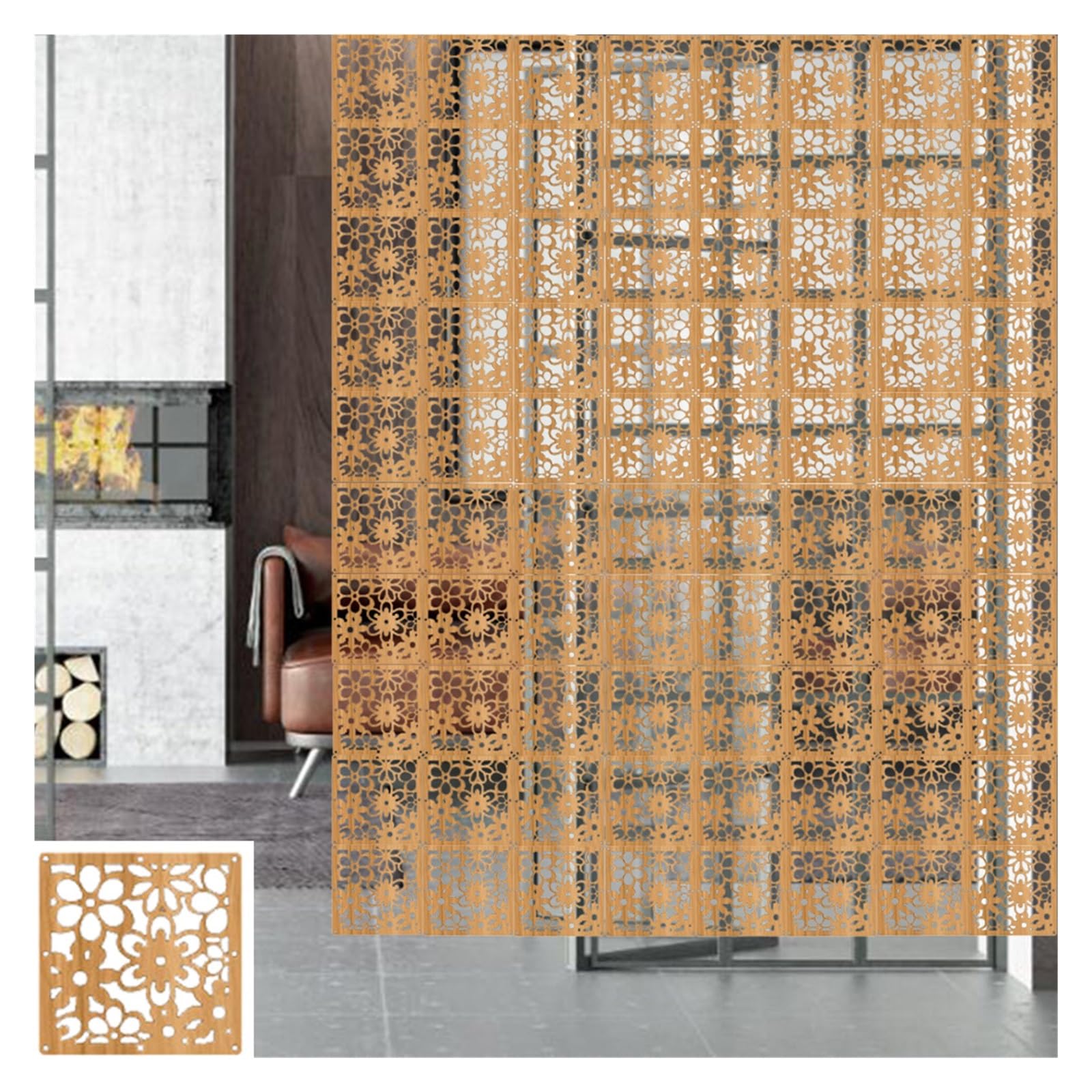 Cloison de séparation dorée à suspendre en bois et plastique pour salon, bar, bureau, cuisine, salle à manger, décoration d'intérieur élégante et fonctionnelle
