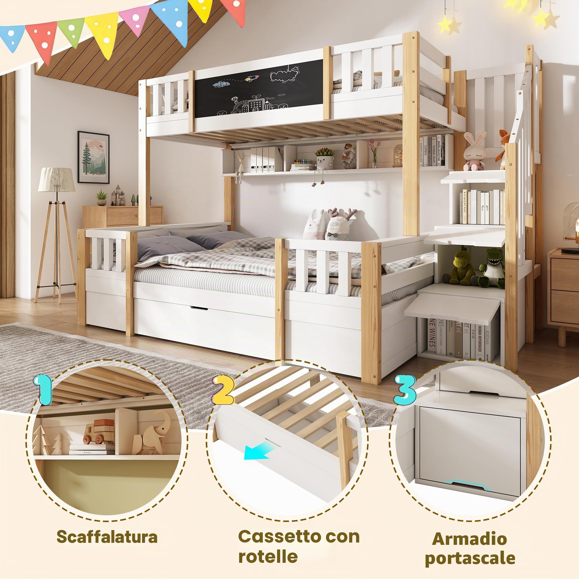 Letto a castello per 3 bambini, 90 x 200 e 140 x 200 cm, in legno massello con lavagnetta, scala di archiviazione, 2 cassetti e armadio scaletta, letto a soppalco/letto a castello per ragazzi