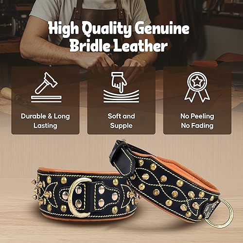 Miniatura 4 de Collar de perro con pinchos de cuero genuino, estilo occidental, grano completo, resistente, acolchado, cómodo, fuerte, mejor para razas medianas,