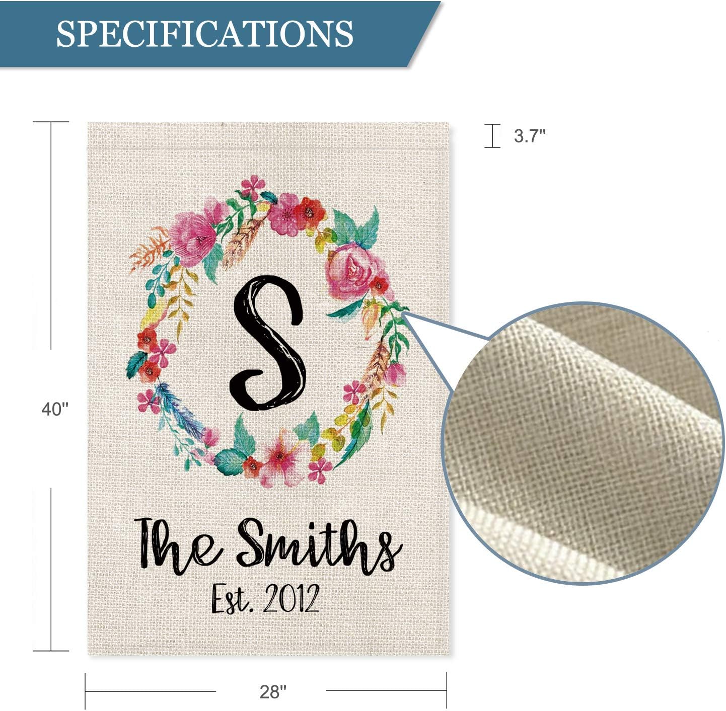 Smile Personalized Spring Easter House Flag, Customized Monogram Initial Family Name and Year Flower Wreath, Double Sided 28 x 40 Inch Rustic Farmhouse Burlap Yard Outdoor Decoration