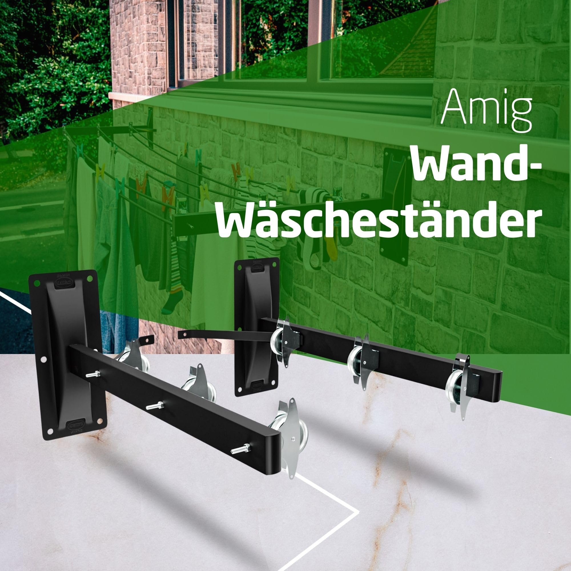 Amig - Seitlicher Wandwäschetrockner Mod. 3 - Wäschespinne mit 2 Armen und 6 Edelstahlrollen - Für 3 Leinen - Epoxidbeschichtung - Für den Außenbereich - 450 mm - Befestigungszubehör - Farbe Schwarz
