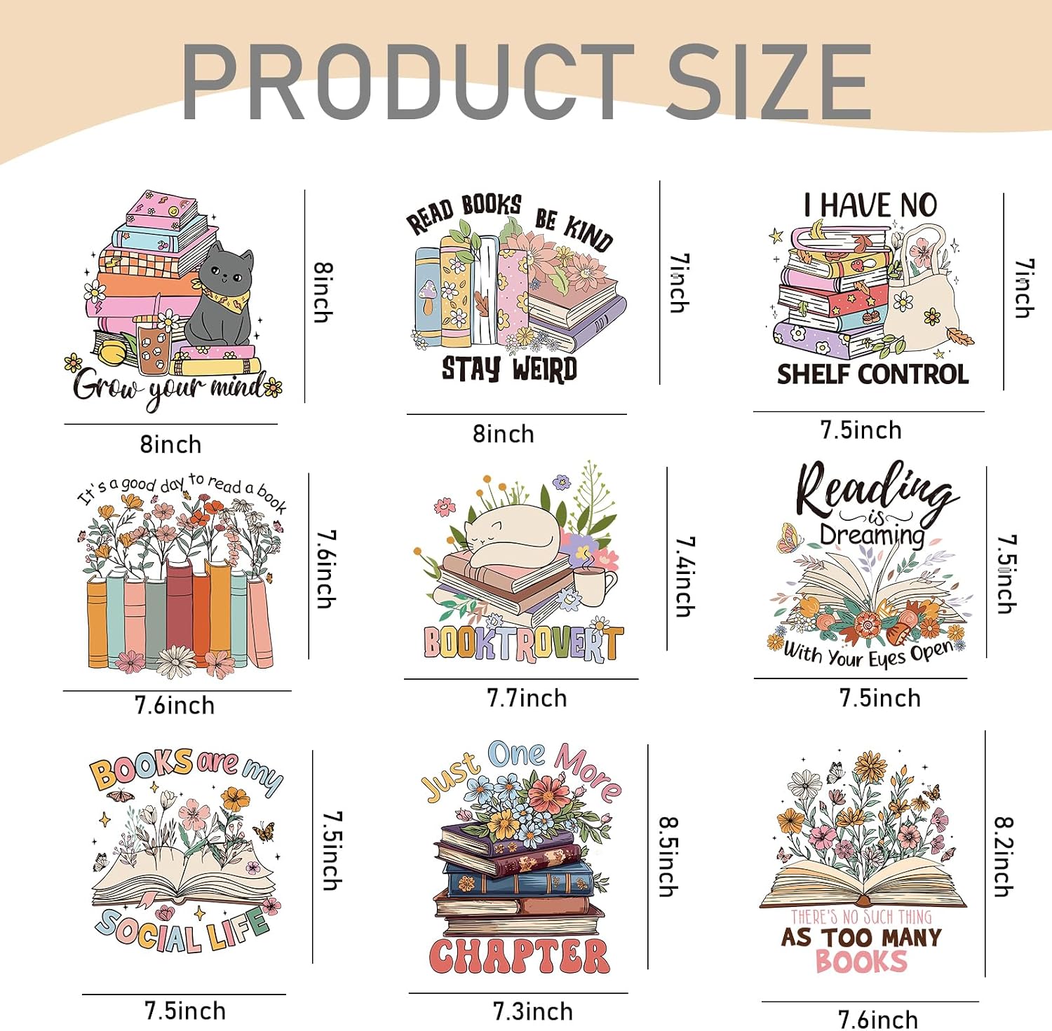 Dazoratix Book Lover Transfer Stickers - 9 Pcs Vintage Flowers DTF Transfer Ready to Press Cute Cat Heat Decals Positive Quotes Patches for Women T-Shirts Clothing Fabric Hoodie DIY Crafts Decorations