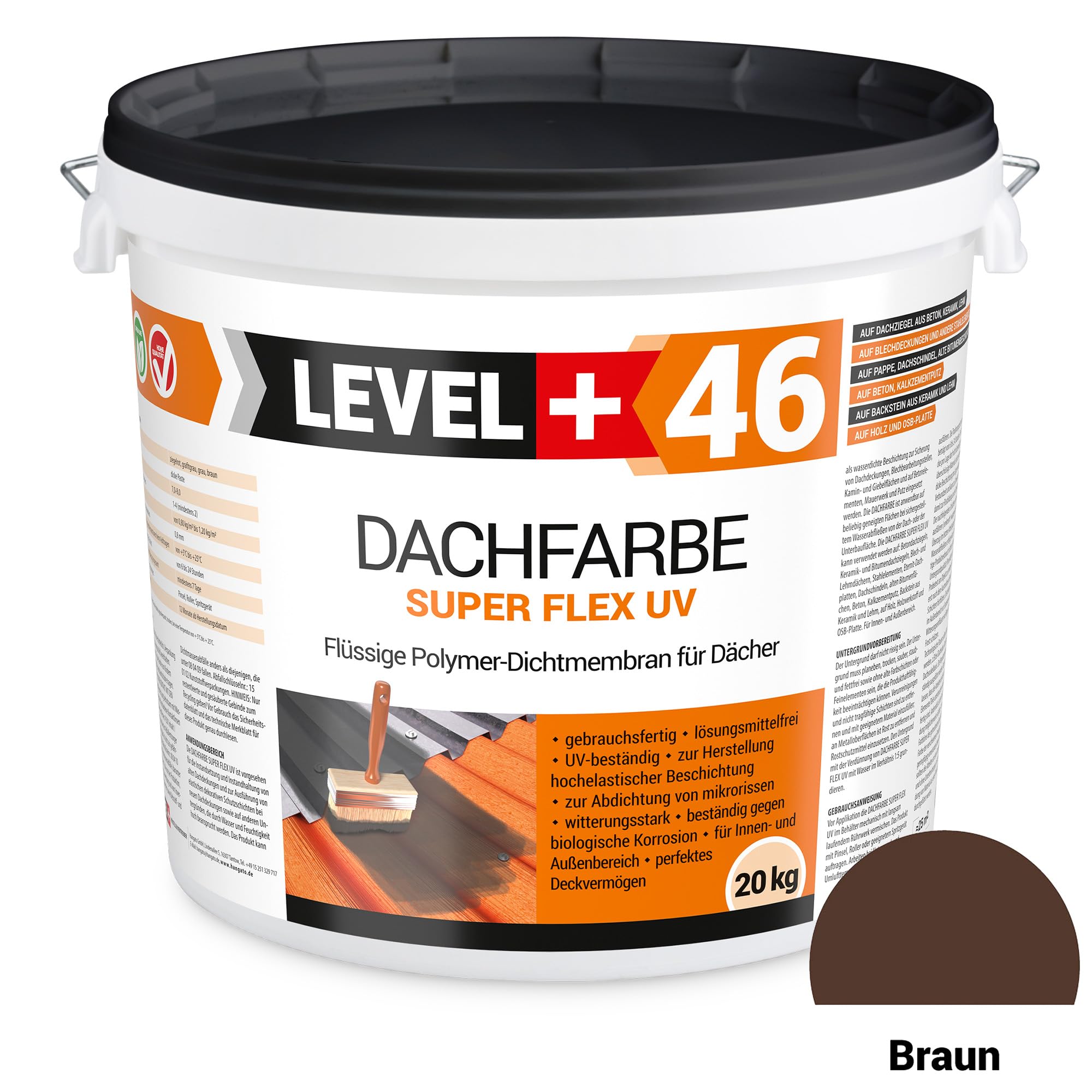 Dachfarbe 40kg Braun, Sockelfarbe, Dachlack, Dachsanierung, Flexibler Polymermembran Wetterbeständig + Farbroller 25cm Mikrofaser mit Bügel Set RM46