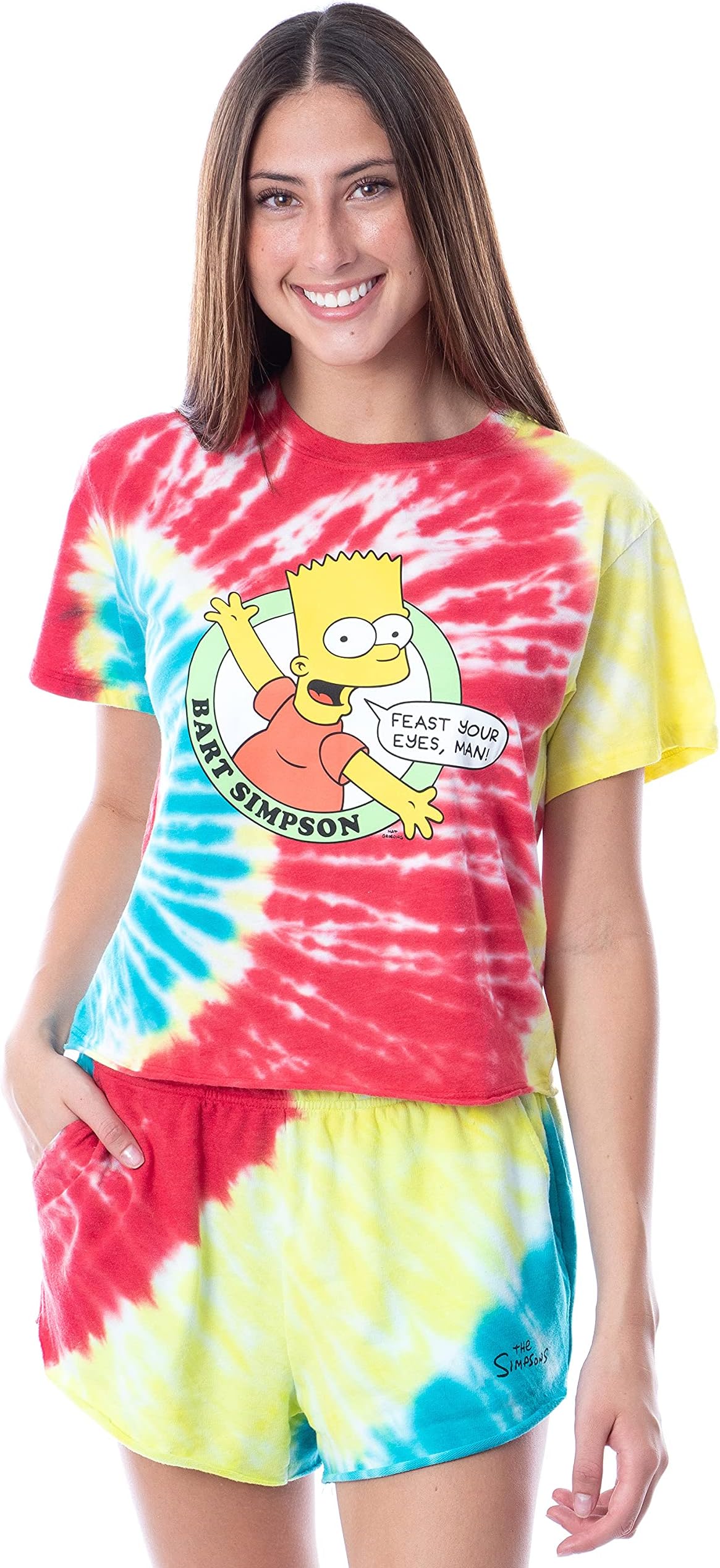 The Simpsons Womens' Bart Simpson Feast Your Eyes Tie-Dye Shirt and Shorts Loungewear Pajama Sleep Set