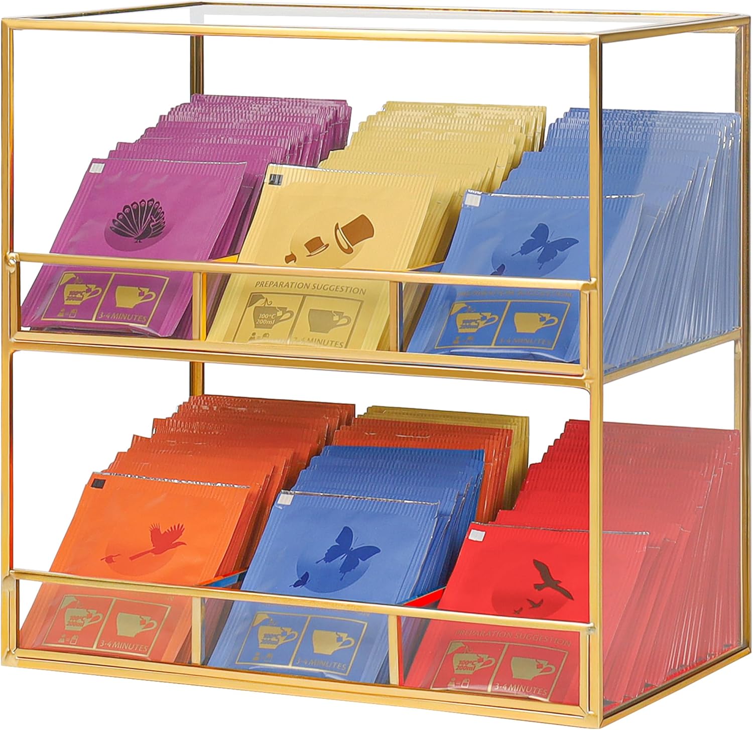 Glass Tea Bag Organizer for Counter, 2-Tier Teabag Organizer Storage Holder for Tea Bags, Glass Caddy Box Containers, Rack Teabag Station Stand for Cabinet Kitchen, 2-Tier, Gold