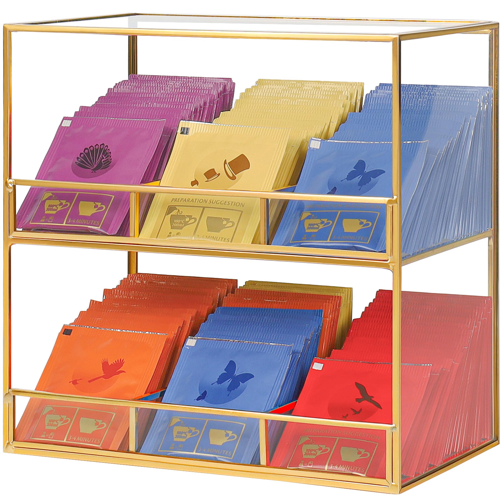 Glass Tea Bag Organizer for Counter, 2-Tier TeaBag Organizer Storage, Tea Holder for Tea Bags, Tea Caddy Tea Box Containers for Tea Bags, Tea Rack Teabag Station Stand for Cabinet Kitchen,Gold