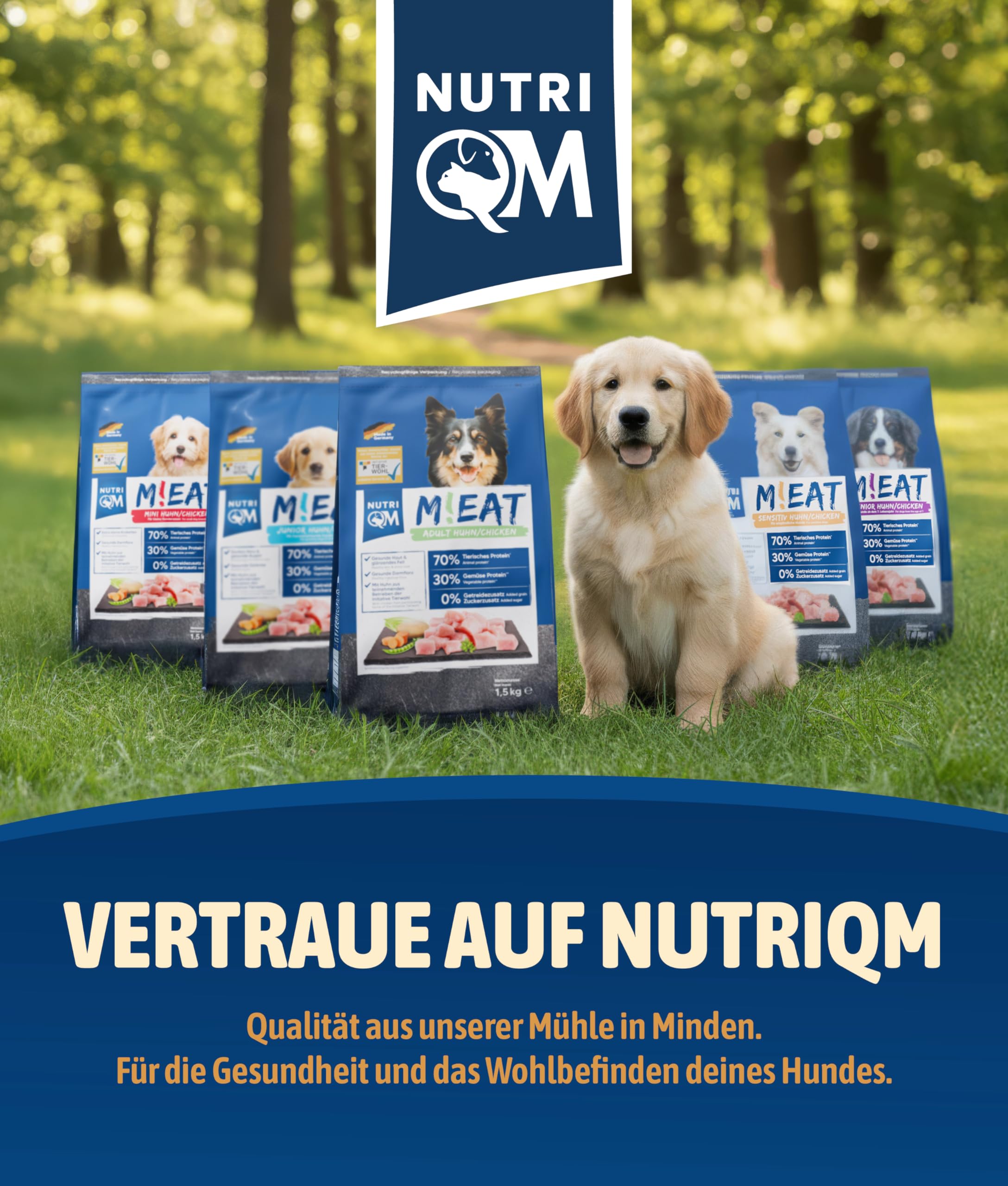 NutriQM® M!EAT Welpen Trockenfutter | Getreidefrei | 14 kg (10×1,4 kg) | Hundefutter trocken mit Fischöl & Hühnerfleisch | Junior Trockenfutter Hund ohne Zucker & Zusatzstoffe | Made in Germany