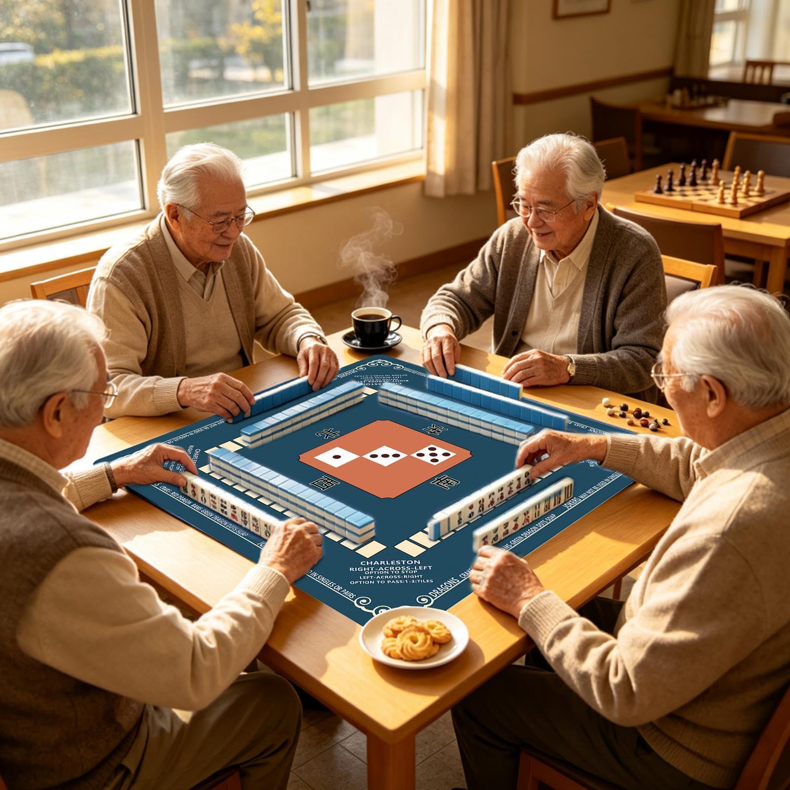 Mahjong mata antypoślizgowa i tłumi hałas, 80 x 80 cm, w zestawie | Amerykańska mata mahjong na rodzinne wieczory, domy seniorów, festiwale, spotkania, podróże i do zabawy w kamperze