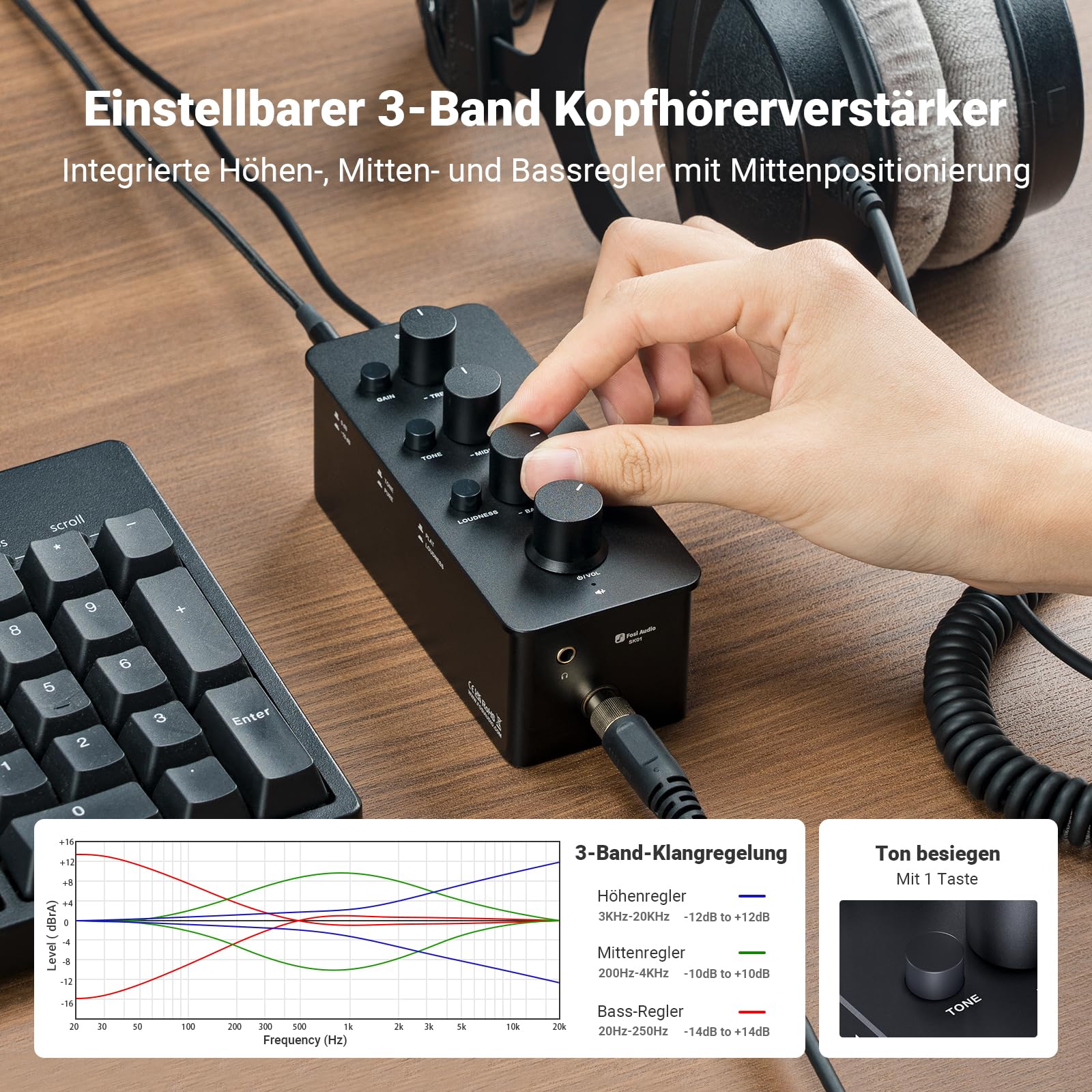 Fosi Audio SK01 Hi-Fi Kopfhörer-Verstärker, Equalizer Vorverstärker mit Bass Mittel Höhen Klangregler & Loudness-Kompensation, tragbarer Klass-A Analog Verstärker für 3,5mm & 6,35mm Buchsen E Gitarre