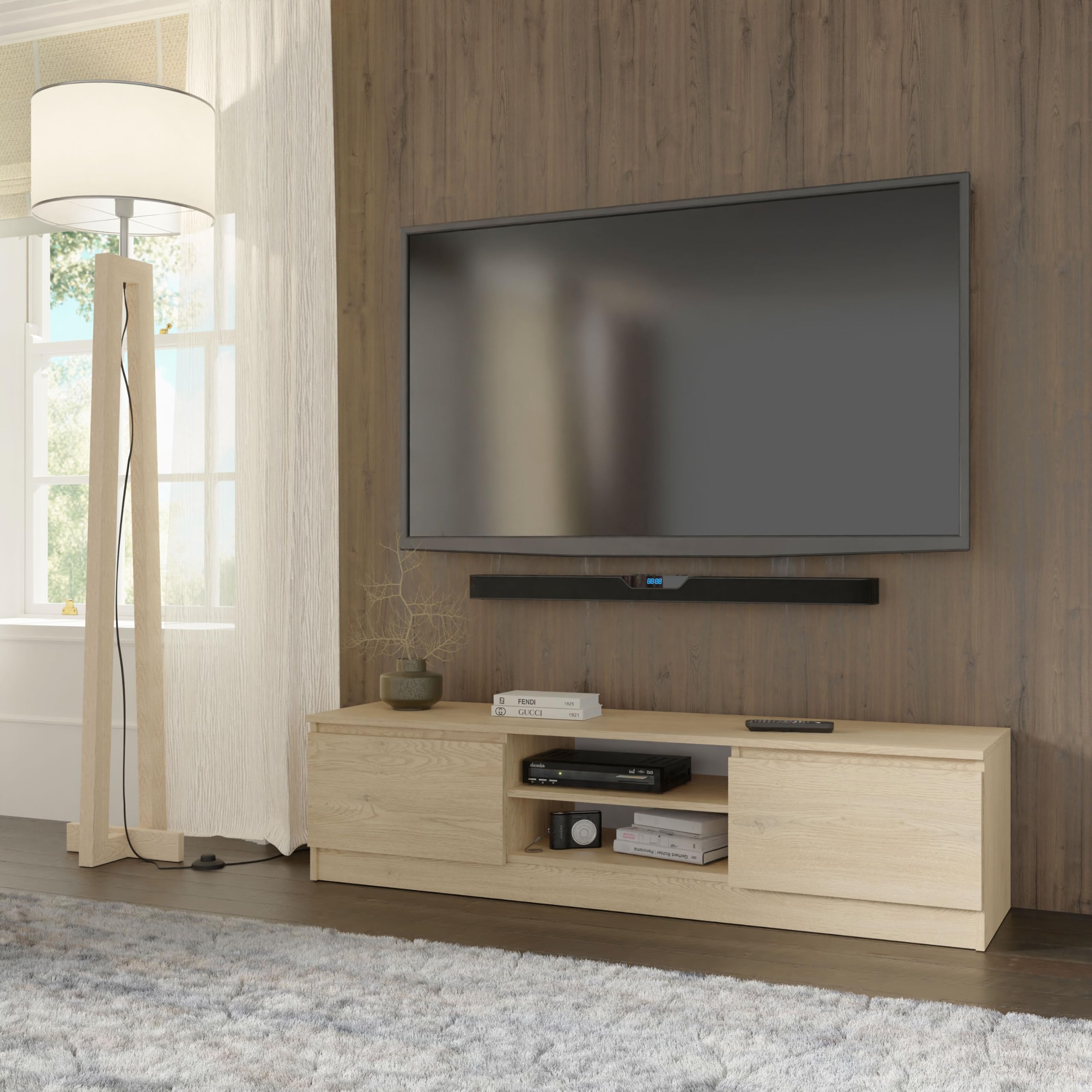 Homlando Mobile TV basso Maja 150 x 40 x 38,5 cm - Mobile TV moderno senza maniglie - 2 ante e 2 scomparti aperti - Mobile TV per soggiorno (rovere cremona)