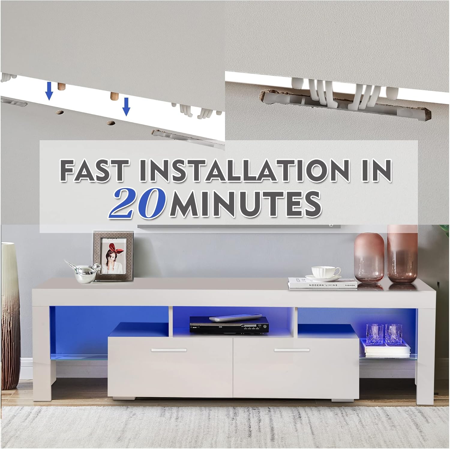 ARMCONE 65 inch tv Stands for Living Room, Modern TV Stand with LED Lights,Entertainment Center Console for Video Gaming, Media, Movies, Living Room, Bedroom, Wood Table (White) : Home & Kitchen