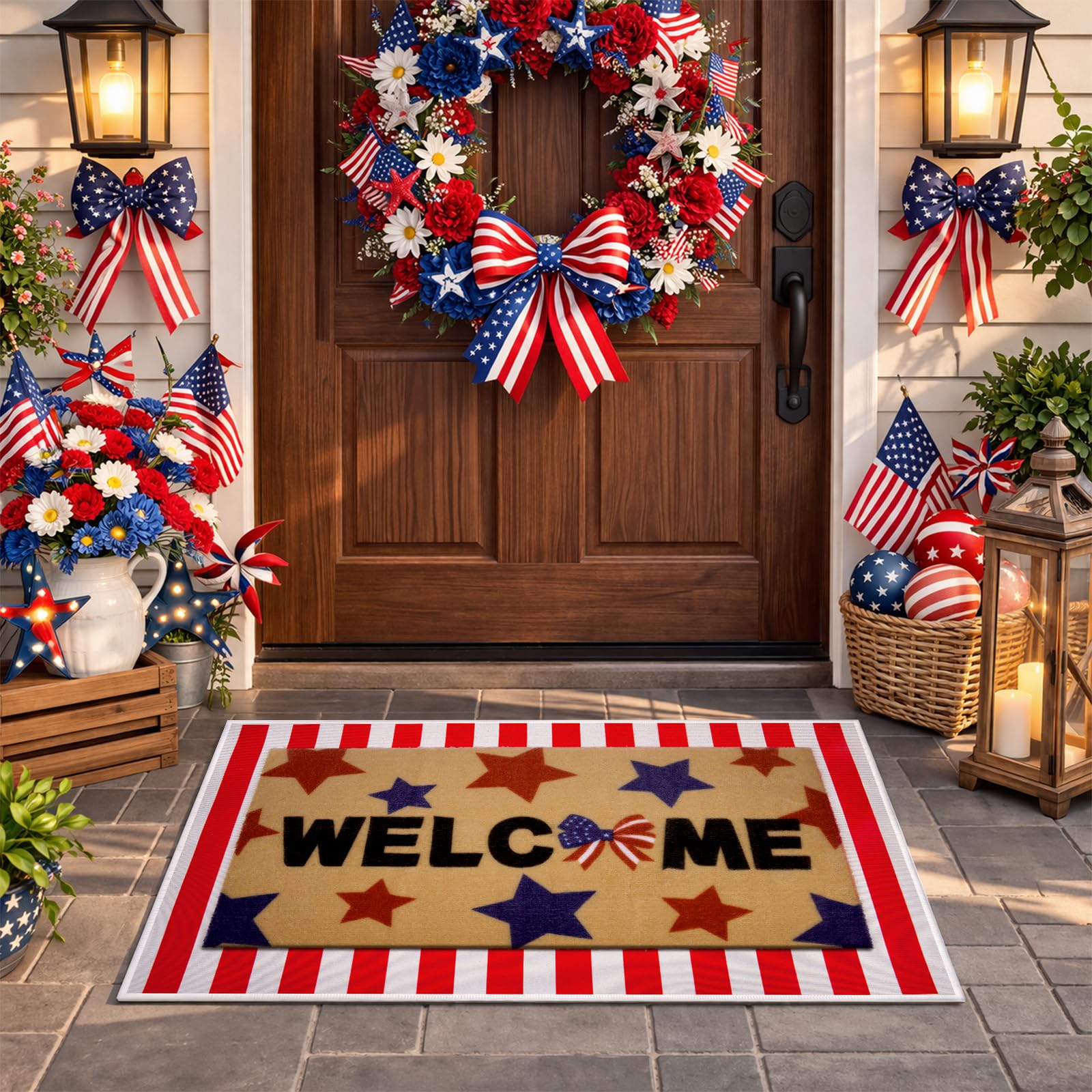 Condition photo showing New/Like New for 4th of july door mat set of 2 - patriotic red white striped & star bow rugs, non-slip pvc welcome mat, indoor outdoor entrance mat for front door, independence day decor gifts
