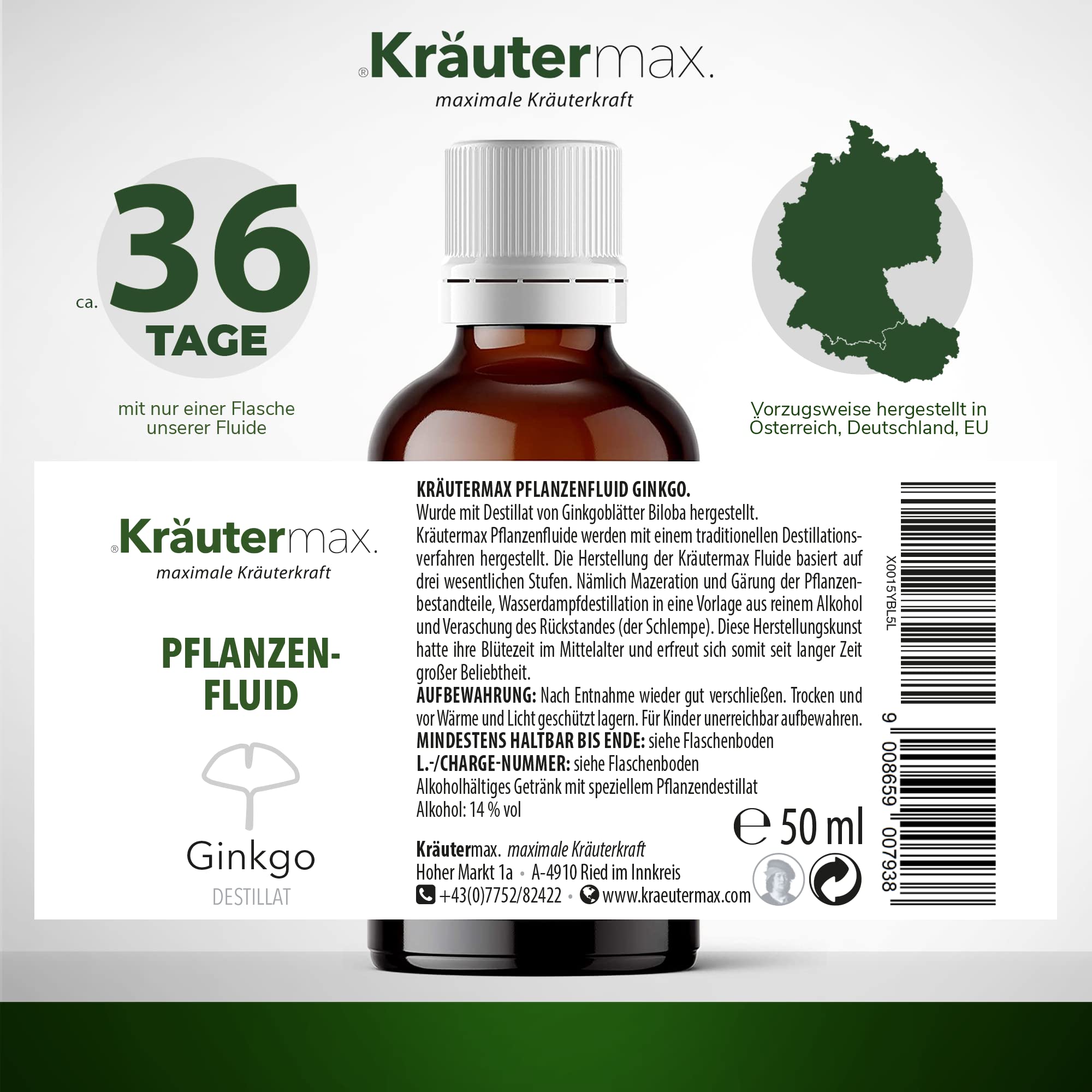 Kräutermax Ginkgo Biloba Tropfen 1 x 50 ml, Pflanzen Fluid Destillat nach Paracelsus, ideale Ergänzung zu Tee, Extrakt flüssig, Tinktur, Kapseln, Tabletten - Vegan