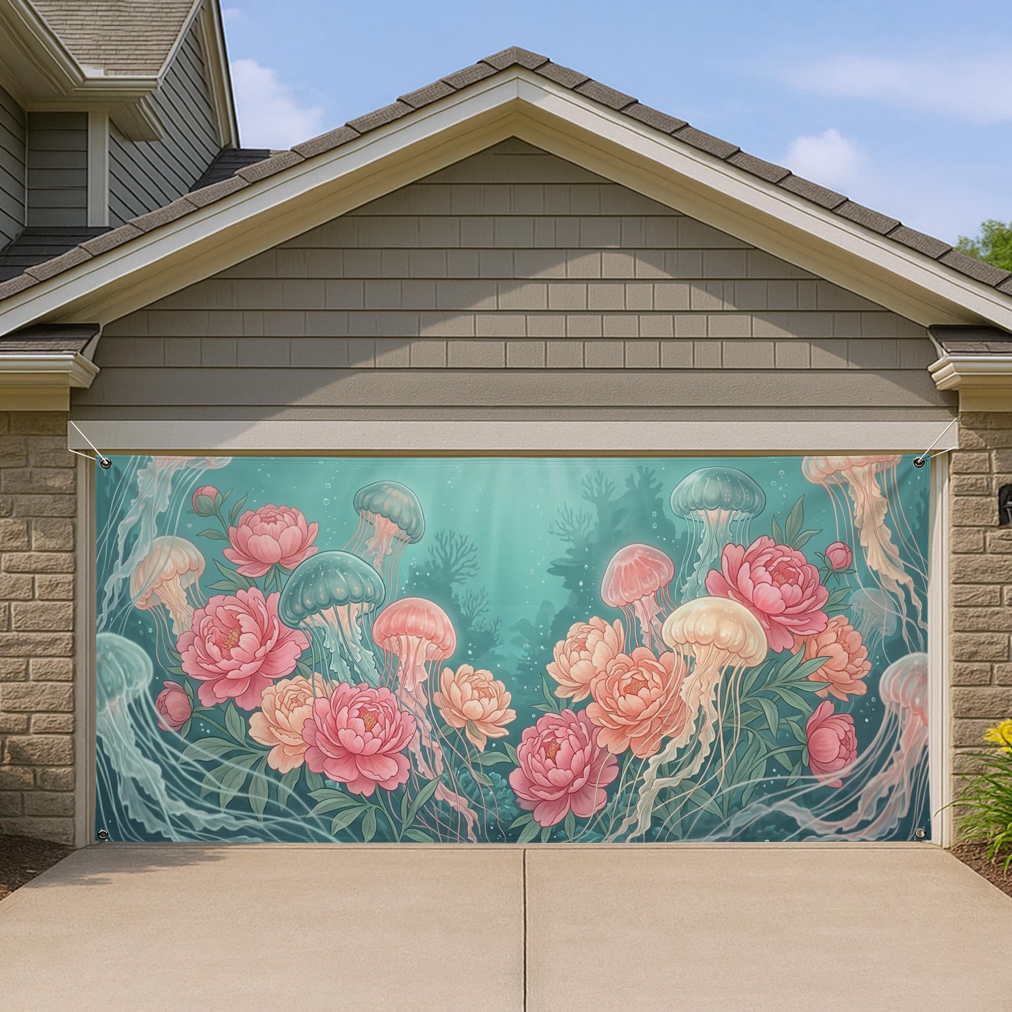 Décoration de plage extérieure d'été pour garage avec méduse et fleurs 397x180 cm