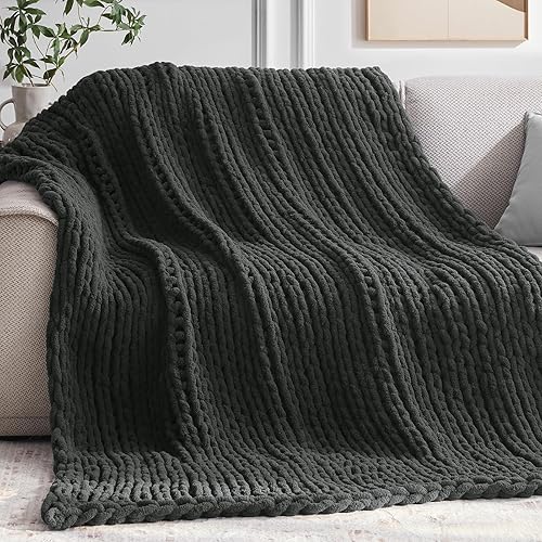 Negwoo Chunky Knit Throw Blanket, 50''*60'' Knitted Throw Chenille Yarn for Bed Couch, Handmade Dark Grey Crochet Big Thick Blanket, Machine Washable Cute Comfy Blanket for Home Decor - Dark Grey - 50"x60"