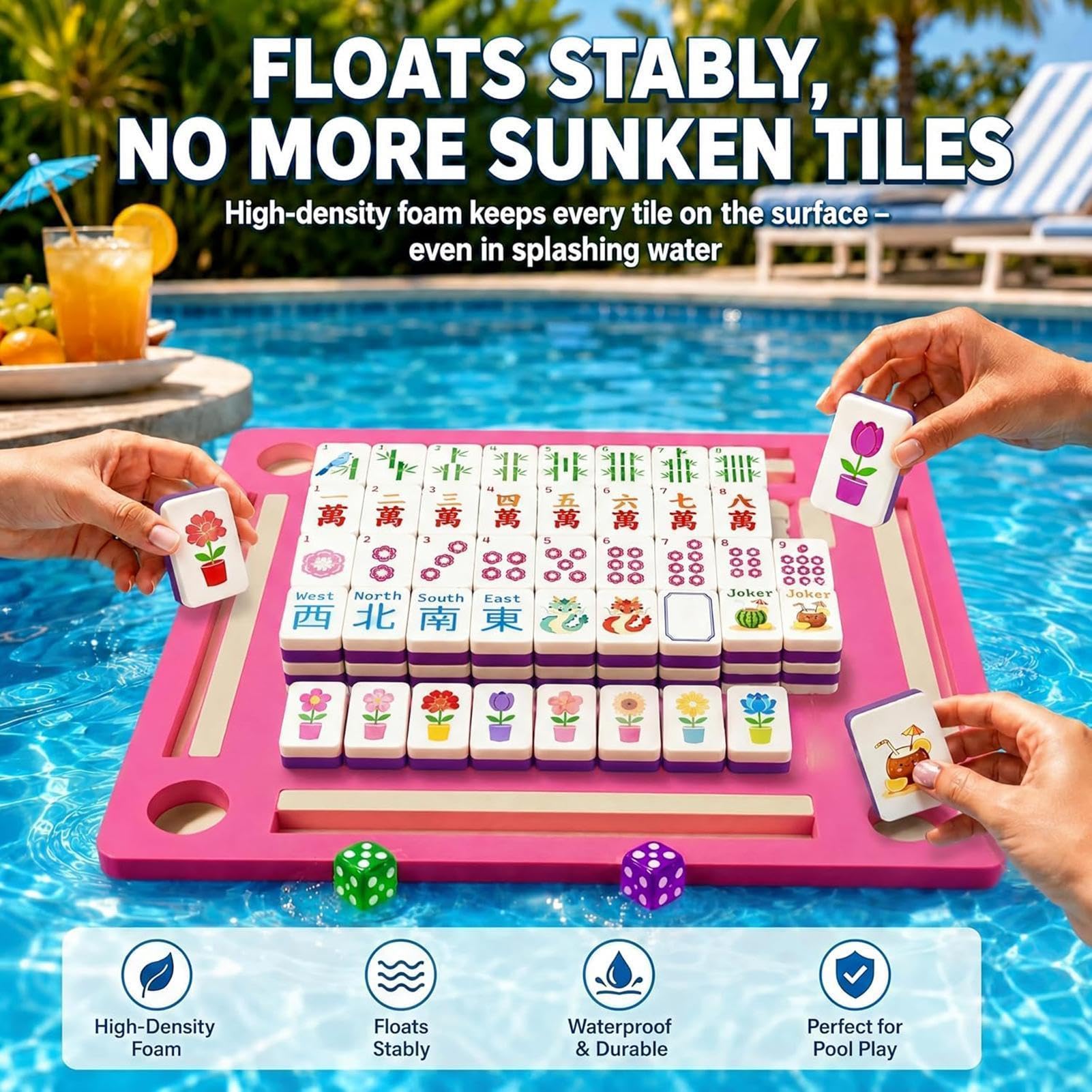 Basenowy zestaw płytek mahjonga Pływające interaktywne karty do gry | Amerykański Zestaw Mahjong Do Przyjęć Domowych, Spotkań, Plaży, Wakacji, Podróży, Ogrodu Oraz Na Świeżym