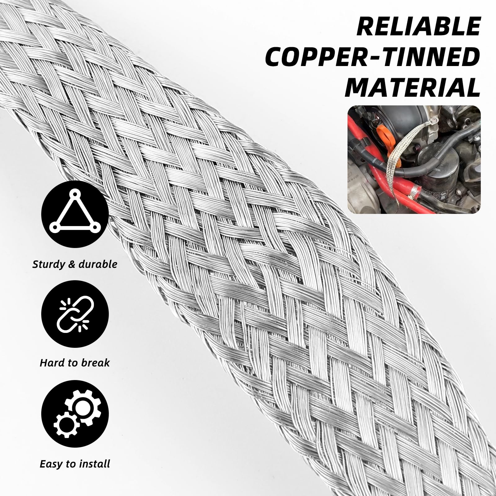 12 correas de tierra para automóviles, 10/15/20 pulgadas trenzadas de cobre estañado con terminales de anillo, kit universal de correa de cable de tierra para vehículo de motor para la mayoría de los