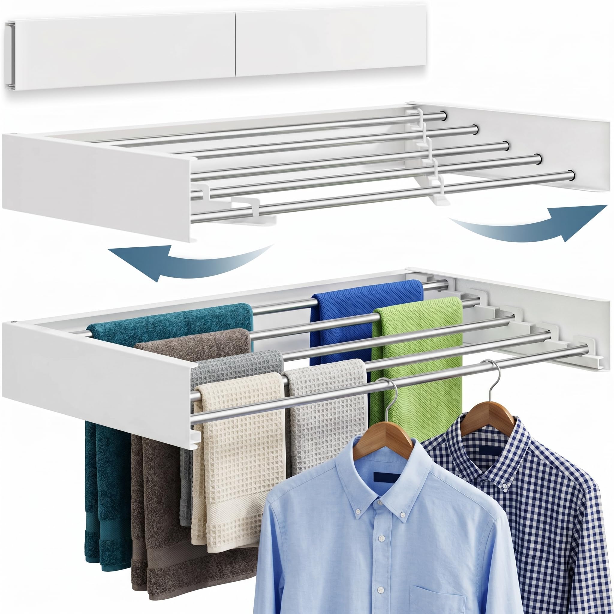 FUSHITON Tendedero de Pared Plegable 5 Barras, Soporte de Toallas Plegable de Aluminio + Acero al Carbono Recubierto de Polvo, Ahorro de Espacio para Baño y Balcón, MAX 10 kg, Blanco