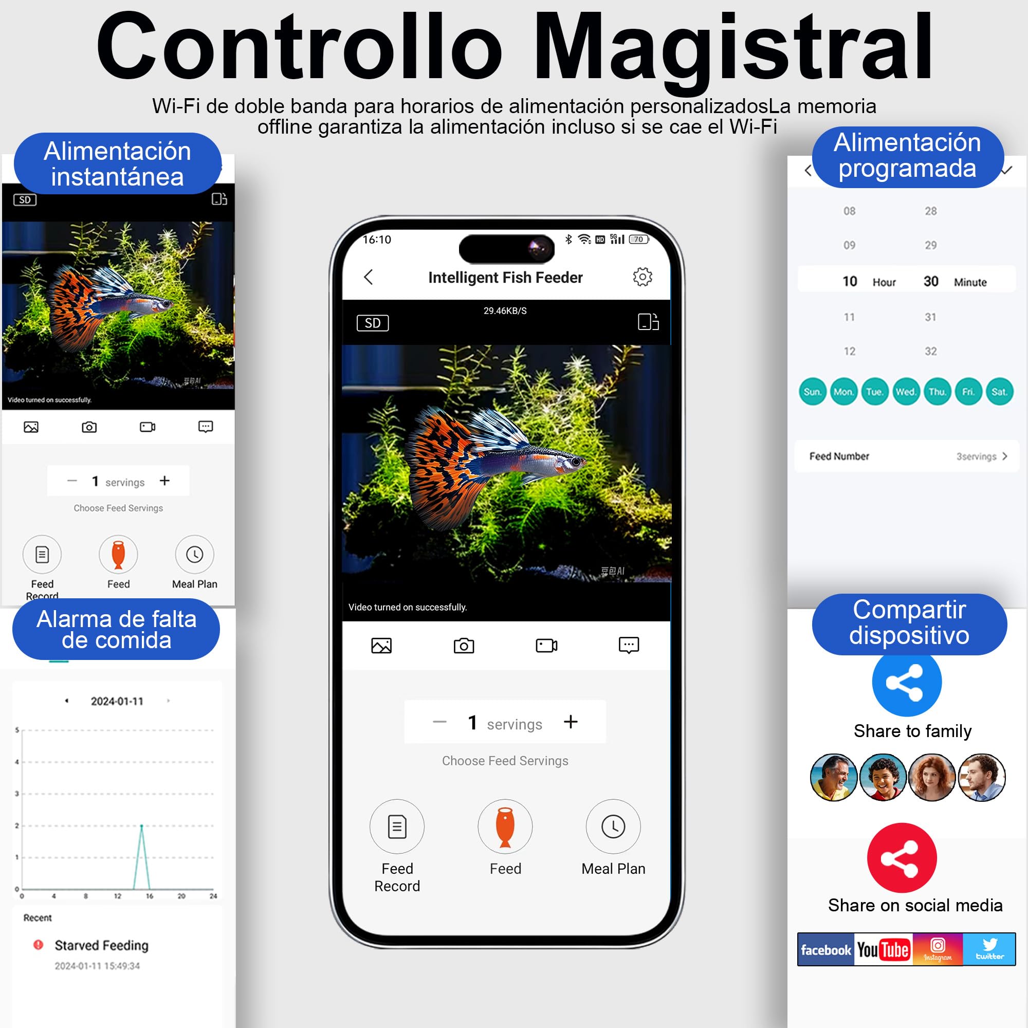 Alimentador Automático Peces WiFi con Cámara 2.5K HD Visión Nocturna, Dispensador Inteligente App, 0.2g/0.6g para Acuario, Anti-Humedad, Plan de Alimentación Personalizable (Gris Oscuro)