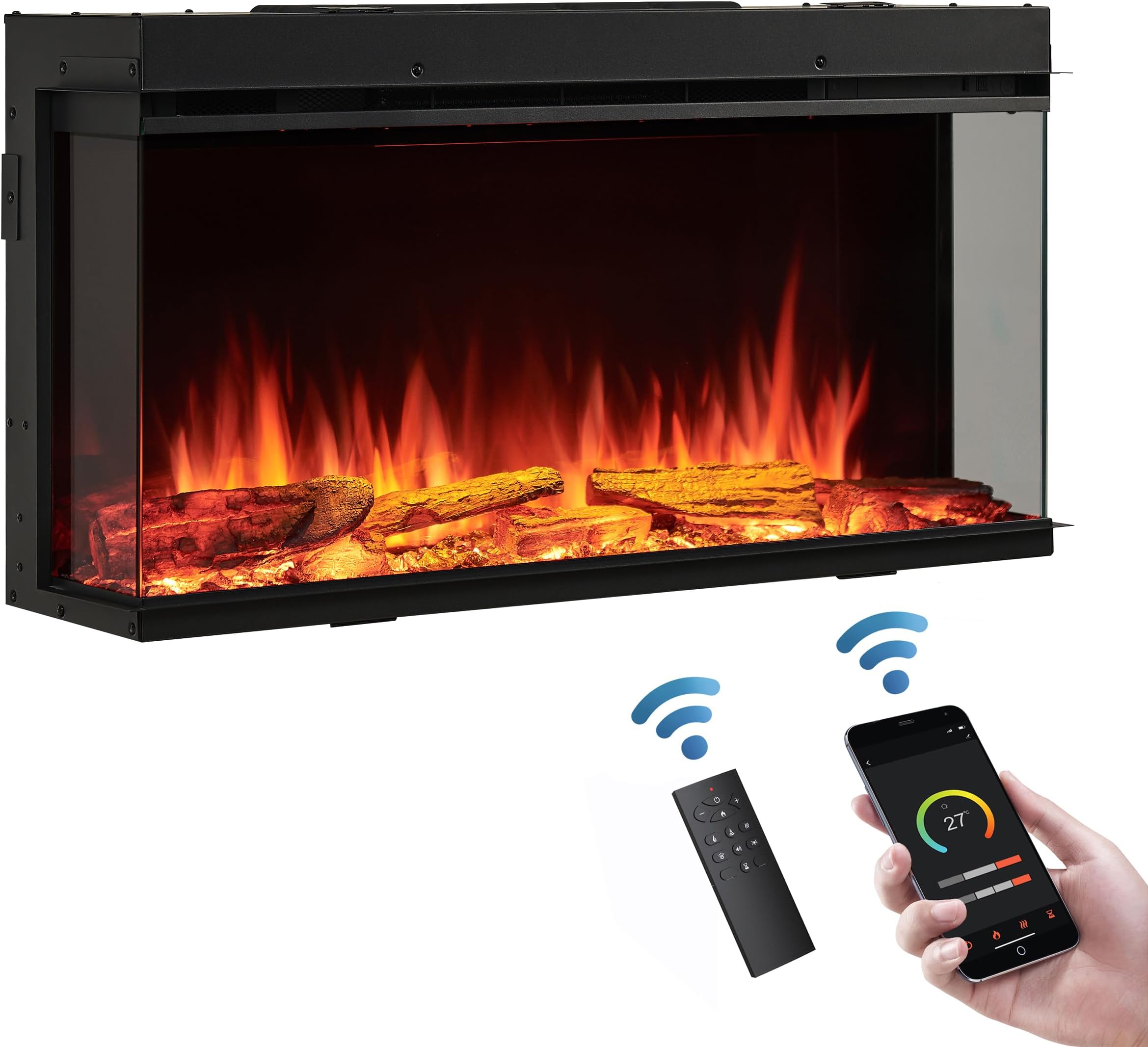 FLAMME 35”/90cm Knighton Platinum Smart Inset Media Wall Electric Fireplace 1-2-3 sided View Compatible with Alexa Deep Fuel Bed Perfect for Media Wall