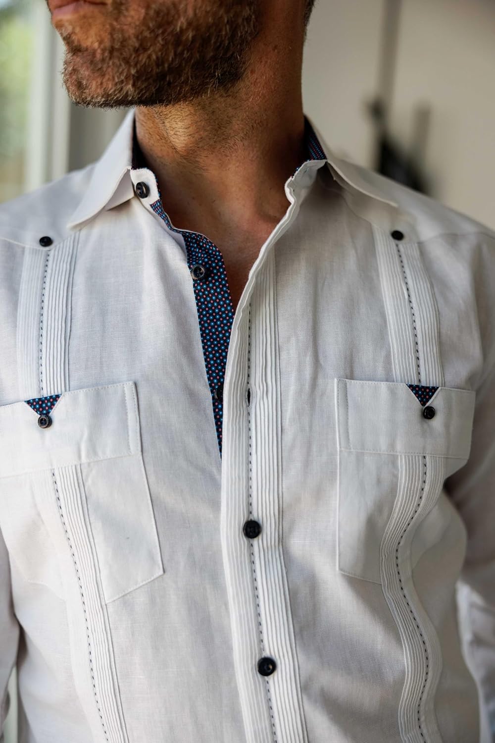 Mojito Collection Men's 100% Linen Guayabera Shirt Long Sleeve with Print Trim Accent - Image 3