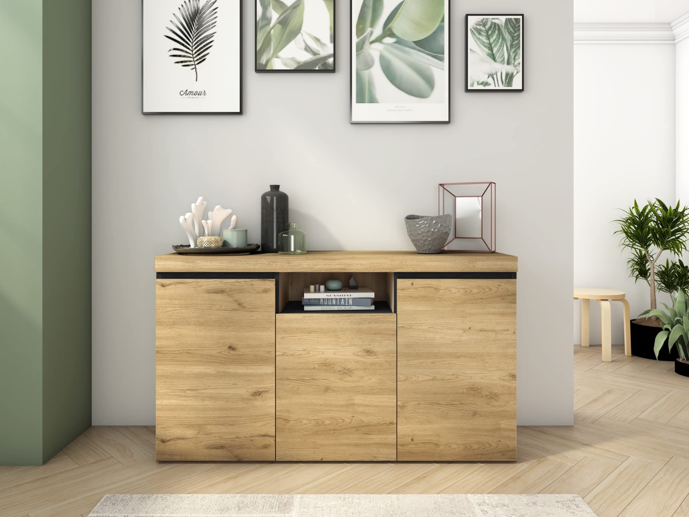 Skraut Home | Ensemble de Meubles modèle Naturale |Table Extensible 140x90x76, Buffet 140x40x80, Meuble TV 160x40x41 | Finition Mélamine Couleur Chêne/Noir