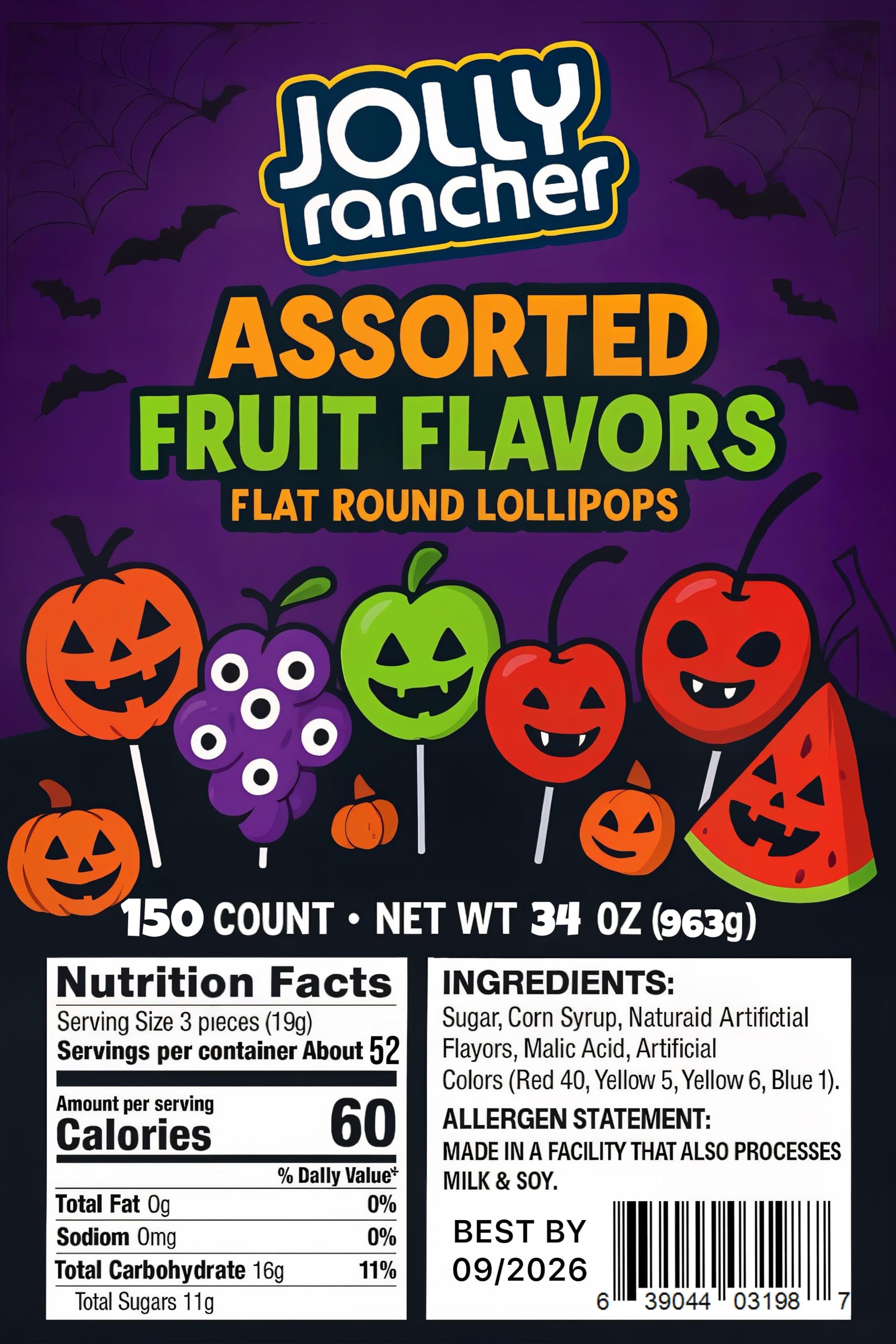 Halloween JollyRanchr Flat Lollipops – Assorted Fruit Flavors, 150 Count Bag (34.2 oz) – Party Favors, Trick-or-Treat Candy, Halloween Gifts