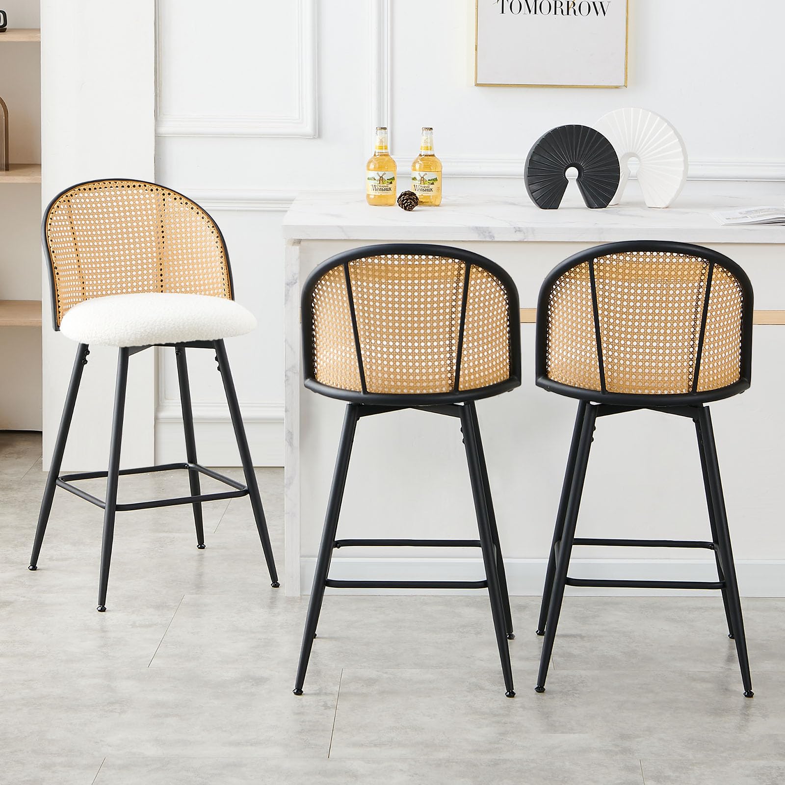 Rattan Counter Height Bar Stools Set of 3, Swivel Upholstered Barstools with Cane Back and Metal Legs, 26" H Seat Height Bar Chair Island Stools for Kitchen Counter Home Pub, White in Boucle Fabric
