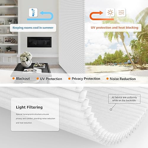 Miniatura 4 de No Tools No Tools - Persianas celulares sin cordón, con filtro de luz, persianas plisadas para ventana, 19 pulgadas de ancho x 36 pulgadas de alto,