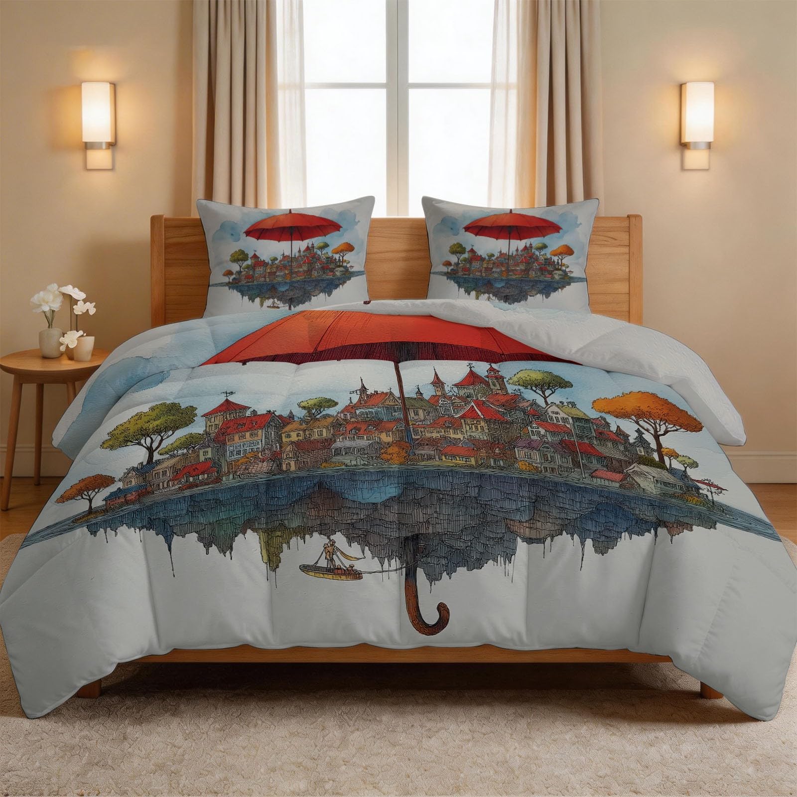 Kołdra 240 x 220 cm, na 4 pory roku, Fantasy Anime cztery pory roku, pikowana, wyspa, miasto, parasol, miękka kołdra całoroczna, bez poszewki, dla chłopców, młodzieży, nadaje się do prania