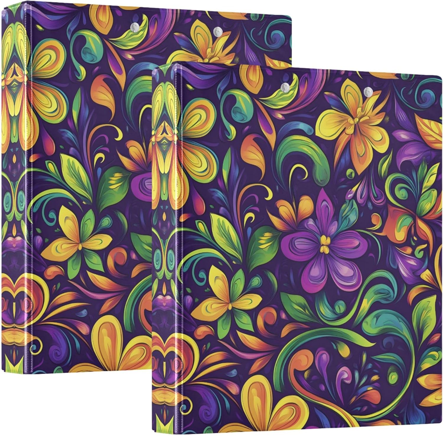 Mardi Gras Flower 3 Ring Binders, 1.5” Round Ring Binders with Clipboard - Letter Size, 3 Interior PVC Clear Pockets & Anti-Slip Clip for Office School Supplies, 2PCS